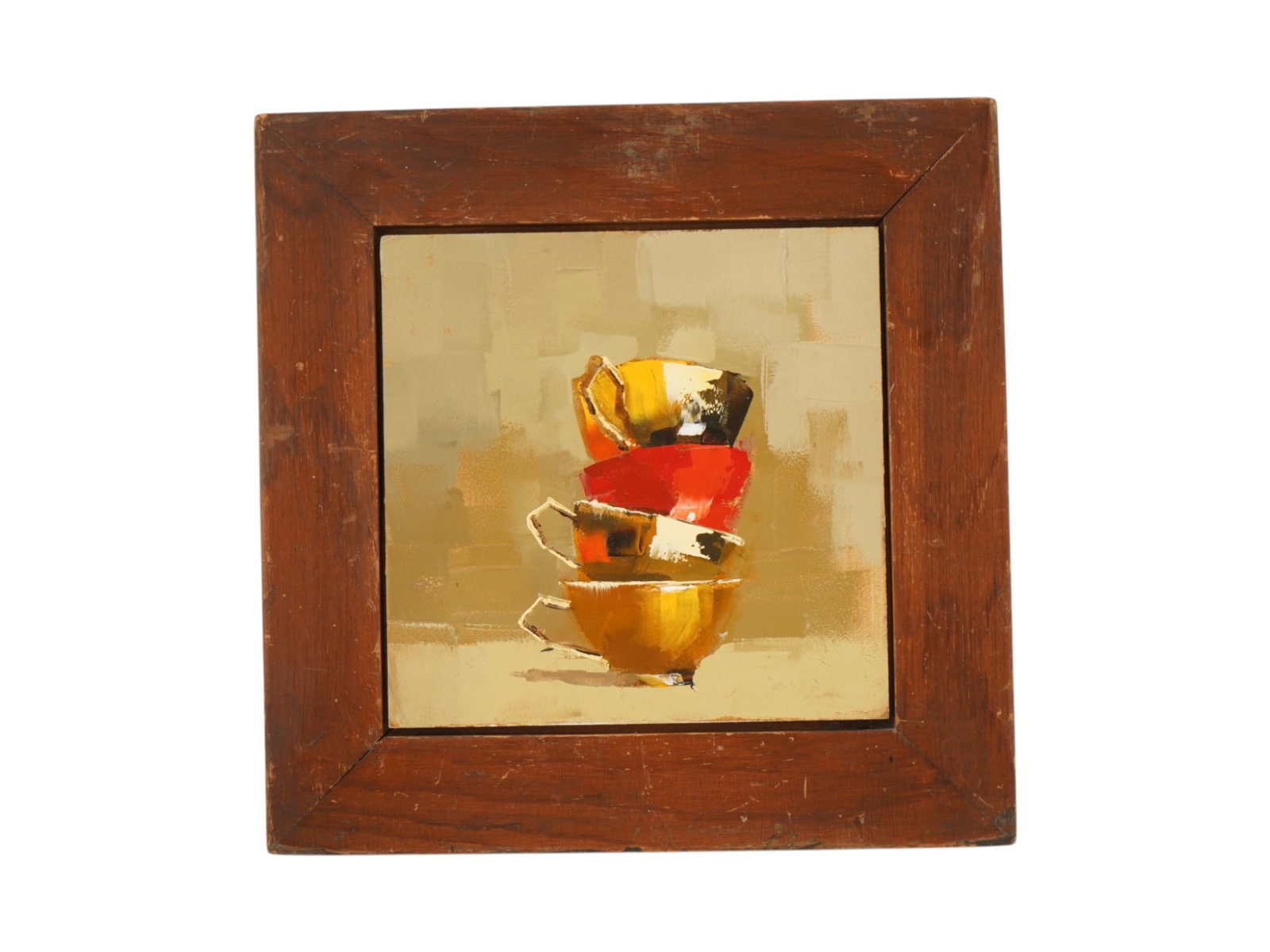 CONTEMPORARY DUTCH CUPS OIL PAINTING BY ANS DEBIJE: Ans Debije, a Contemporary Dutch painter, an oil painting on masonite board, Cuppies, 2003. Framed. Signed, titled, dated, and stamped, on the backside. Ans Debije is a contemporary Dutch still life p