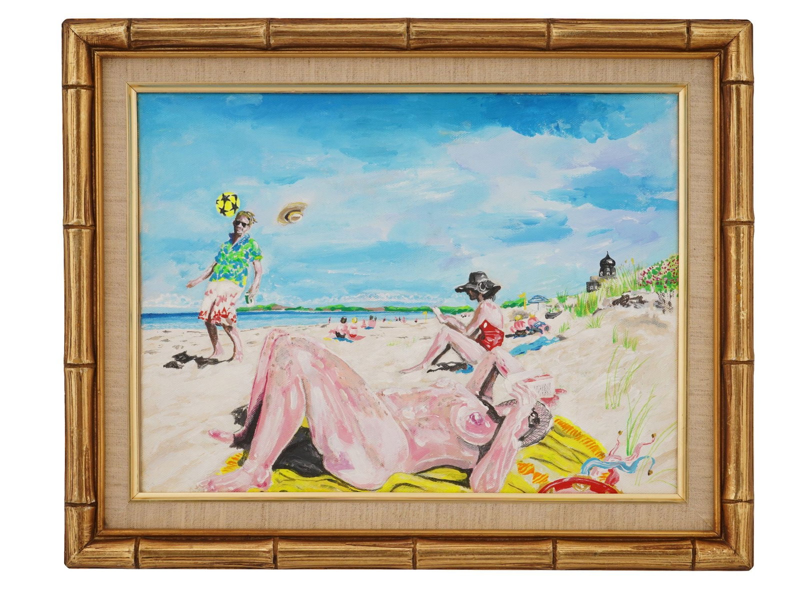 CONTEMPORARY OIL PAINTING SIGNED LENNON JNO BAPTISTE: A Contemporary oil painting on canvas depicting a beach genre scene. Inscribed, Lennon Jno Baptiste, on the backside. Framed. Lennon Jno Baptiste is a contemporary visual artist born in Dominica in 19