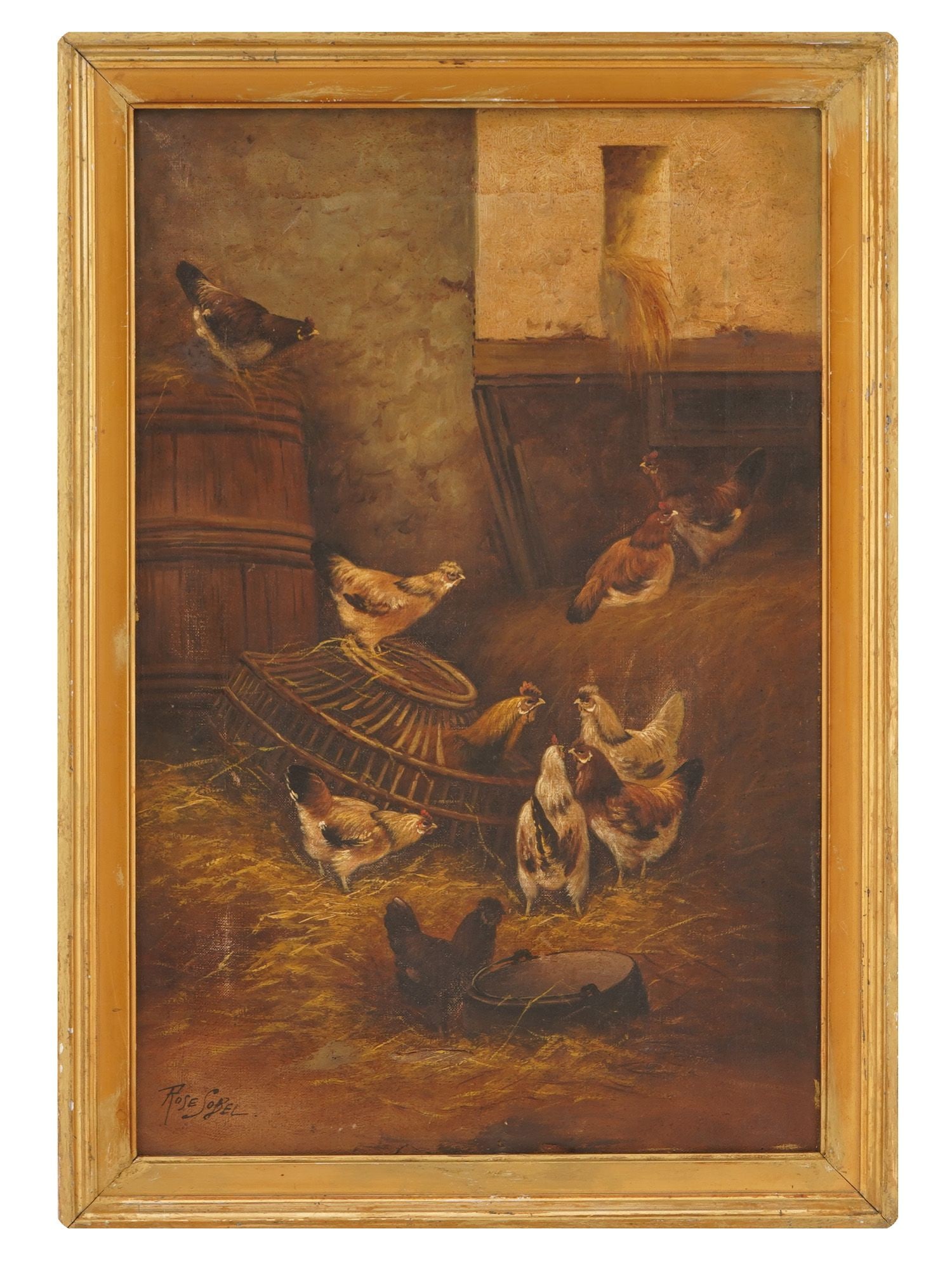 BARN SCENE OIL PAINTING SIGNED ROSE SOBEL: Oil painting on canvas. American school, early to mid-20th century. The artwork depicts a chicken coop. Signed lower left, Rose Sobel. Framed. Collectible Fine Art, Figurative Painting, Village Genre 