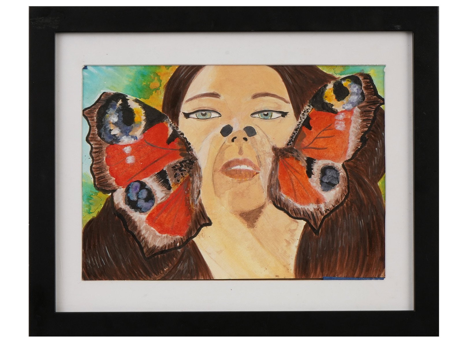 MODERN PAINTING BY CLARISSE CONCEPCION SPOTTED EYES: A modern ink painting on a watercolor board by Clarisse Concepcion, titled Spotted Eyes. The surrealist composition portrays a female figure whose features merge with butterfly forms. With the info ab