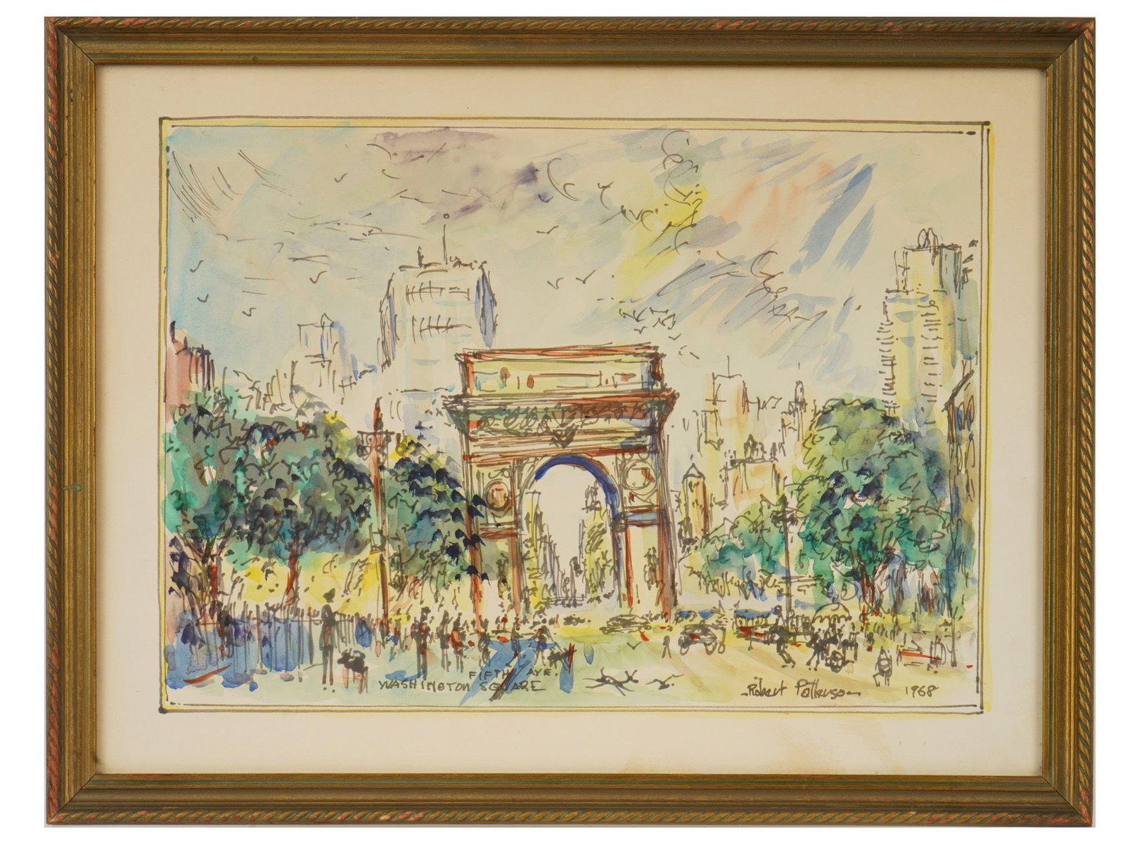 AMERICAN WATERCOLOR INK PAINTING BY ROBERT PATTERSON: An American mixed media, watercolor and ink on paper painting by Robert Patterson, 1968. The artwork depicts the Washington Square Arch of Triumph, surrounded by trees and the bustle of the city. Sign