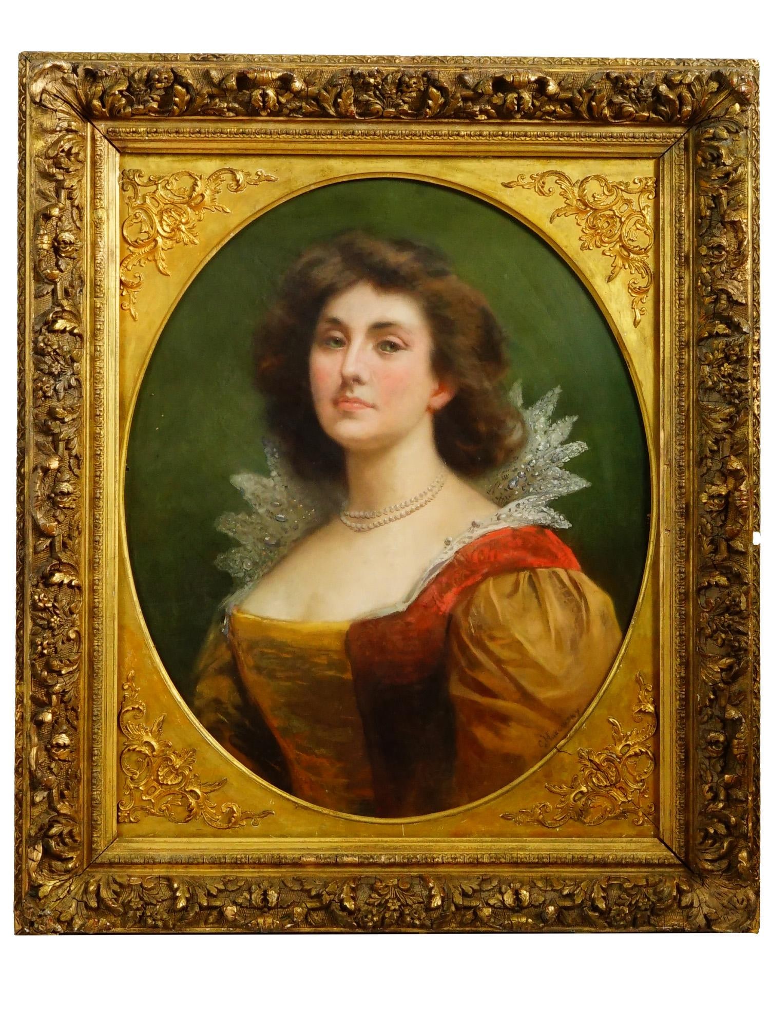 RUSSIAN OIL PAINTING ATTR TO KONSTANTIN MAKOVSKY: Attributed to Konstantin Makovsky, Russian 1832 to 1919, pastel painting on board, depicting a portrait of a noble woman. The painting is created in a warm color palette, beautifully composed and bala