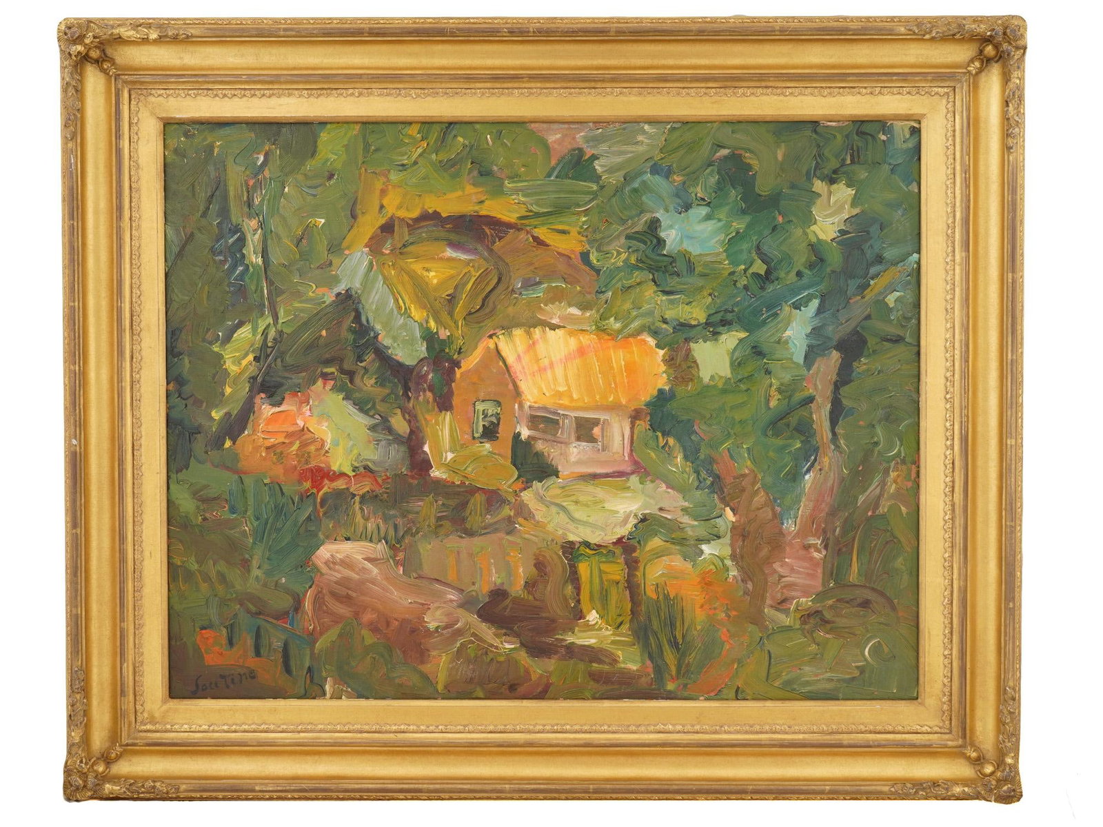 ATTR TO CHAIM SOUTINE FRENCH LANDSCAPE OIL PAINTING: Attributed to Chaim Soutine, Russian-French, 1893 to 1943, oil painting on canvas. Forest landscape with a cottage in the center. Thick, wide brushstrokes. Signed lower left. Undated. Framed. Chaim So
