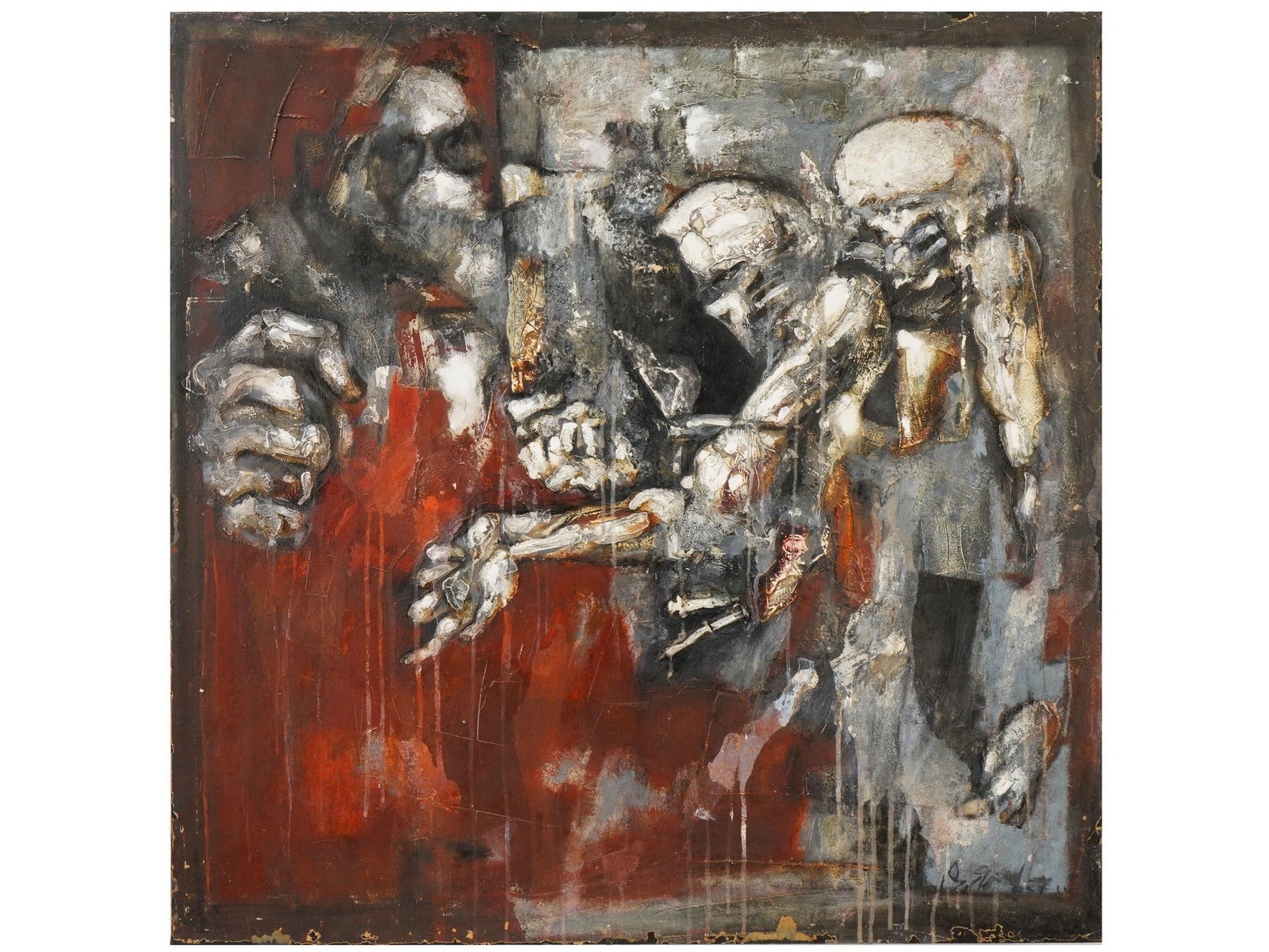 RUSSIAN OIL ON CANVAS PAINTING BY DMITRY YANOVSKY: A Russian oil and mixed media on canvas abstract painting by Dmitry Yanovsky, born in 1967. Signed and inscribed on the back with the title Shelter, series Anonymous Mechanisms. The painting is the ce