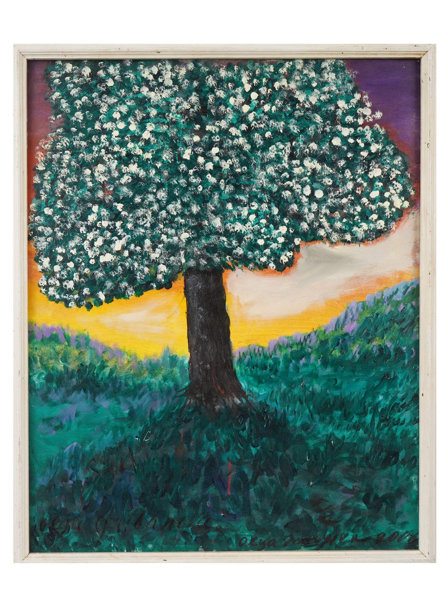 OIL LANDSCAPE PAINTING BY OLGA IMAYEVA GRIBANOVA: An oil on canvas landscape painting by Olga Imayeva-Gribanova, a Russian-American painter based in New York, born 1945. The composition centers on a solitary tree with dense, stippled foliage set agai