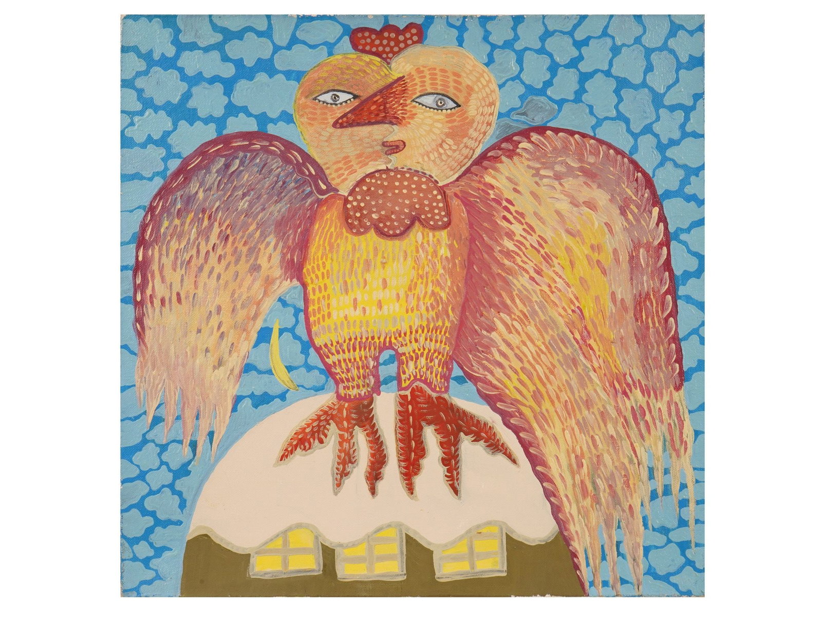 RUSSIAN NAIVE OIL PAINTING BY ALYONA AZERNAYA: An oil on canvas painting by Alyona Azernaya, Azernaya Elena Pavlovna, born in 1966, is a Russian artist working in the genre of naive art. The artwork, executed in large brushstrokes of bright paint,