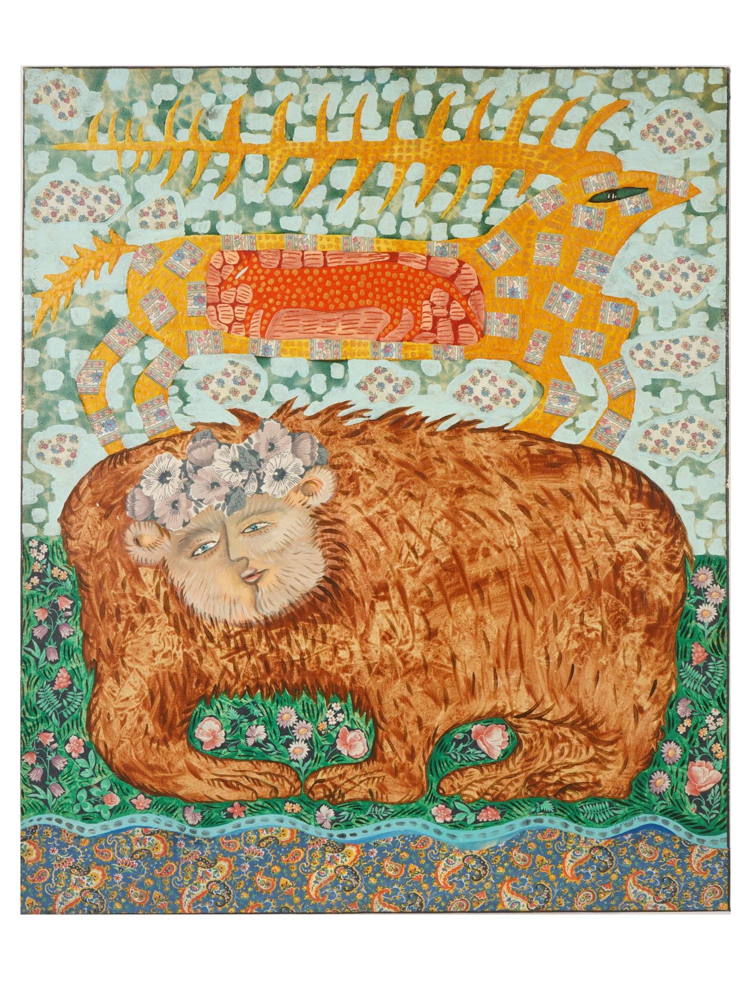 ALYONA AZERNAYA RUSSIAN MIXED MEDIA PAINTING 1998: Alyona Azernaya, Russian, born 1966, a mixed media painting on canvas, dated 1998 and titled Leshy. Signed lower right. The featured work depicts a central, stylized forest spirit rendered with dense,