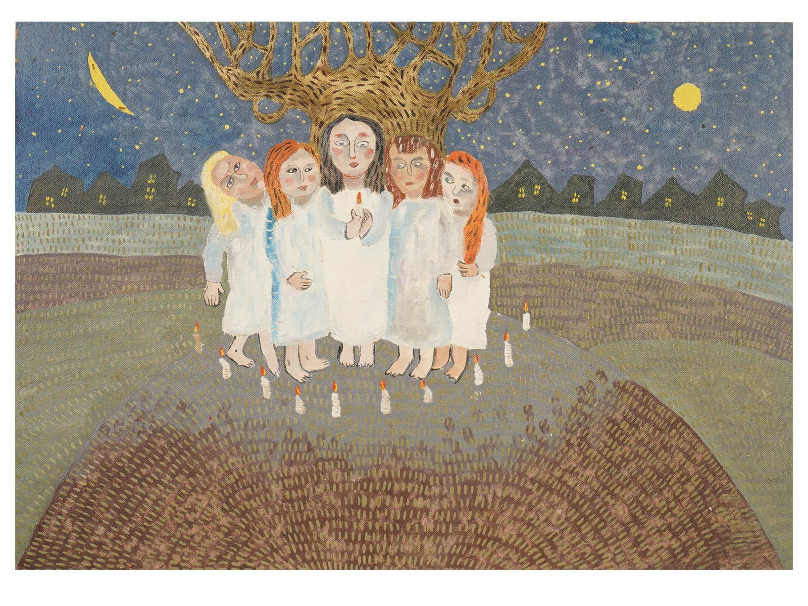MODERN RUSSIAN OIL PAINTING BY ALENA AZYORNAYA: A modern oil on masonite painting titled Fortune Telling, created in 1996 by Alena Azyornaya, Russian, 1966, as part of her Pagan Holidays series. The composition depicts a group of young girls in flo