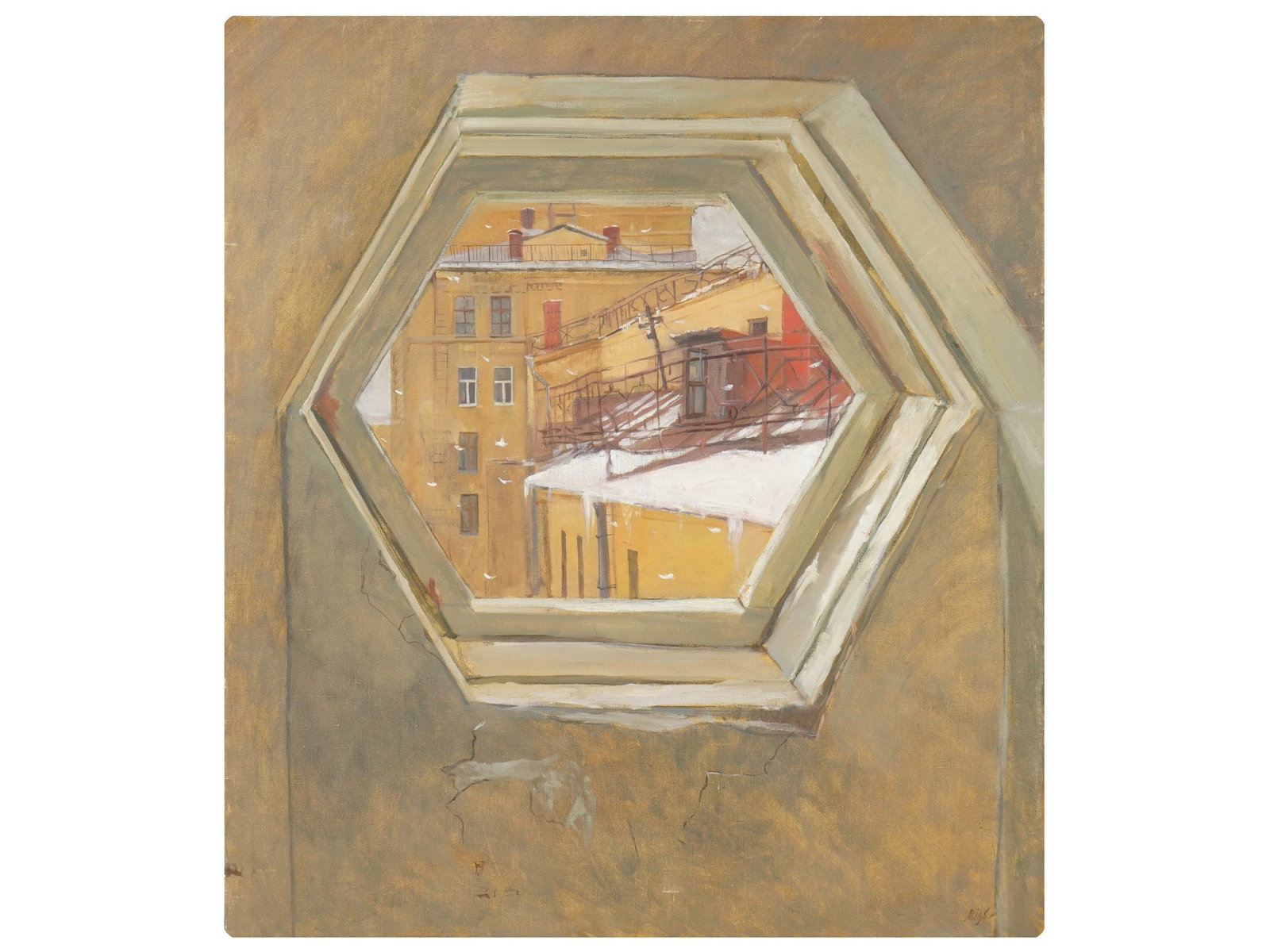 LARGE RUSSIAN OIL PAINTING BY RUBANOVA M 2003: A large Russian oil on canvas painting titled Window by Rubanova M, 2003. Signed with initials lower right. Additionally signed, titled and dated on the backside. The composition depicts an urban arch