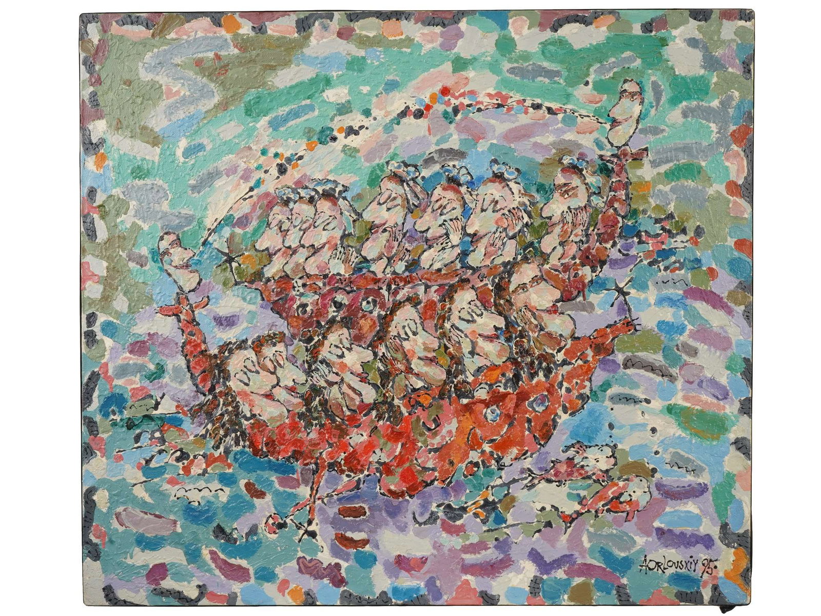 RUSSIAN OIL PAINTING BY ALEXEY BORISOVICH ORLOVSKI: A vintage Russian oil on canvas genre scene painting by Alexey Borisovich Orlovski, or Arlovski born 1963. The composition features a densely populated boat rendered in a vibrant, multi-tonal palette 