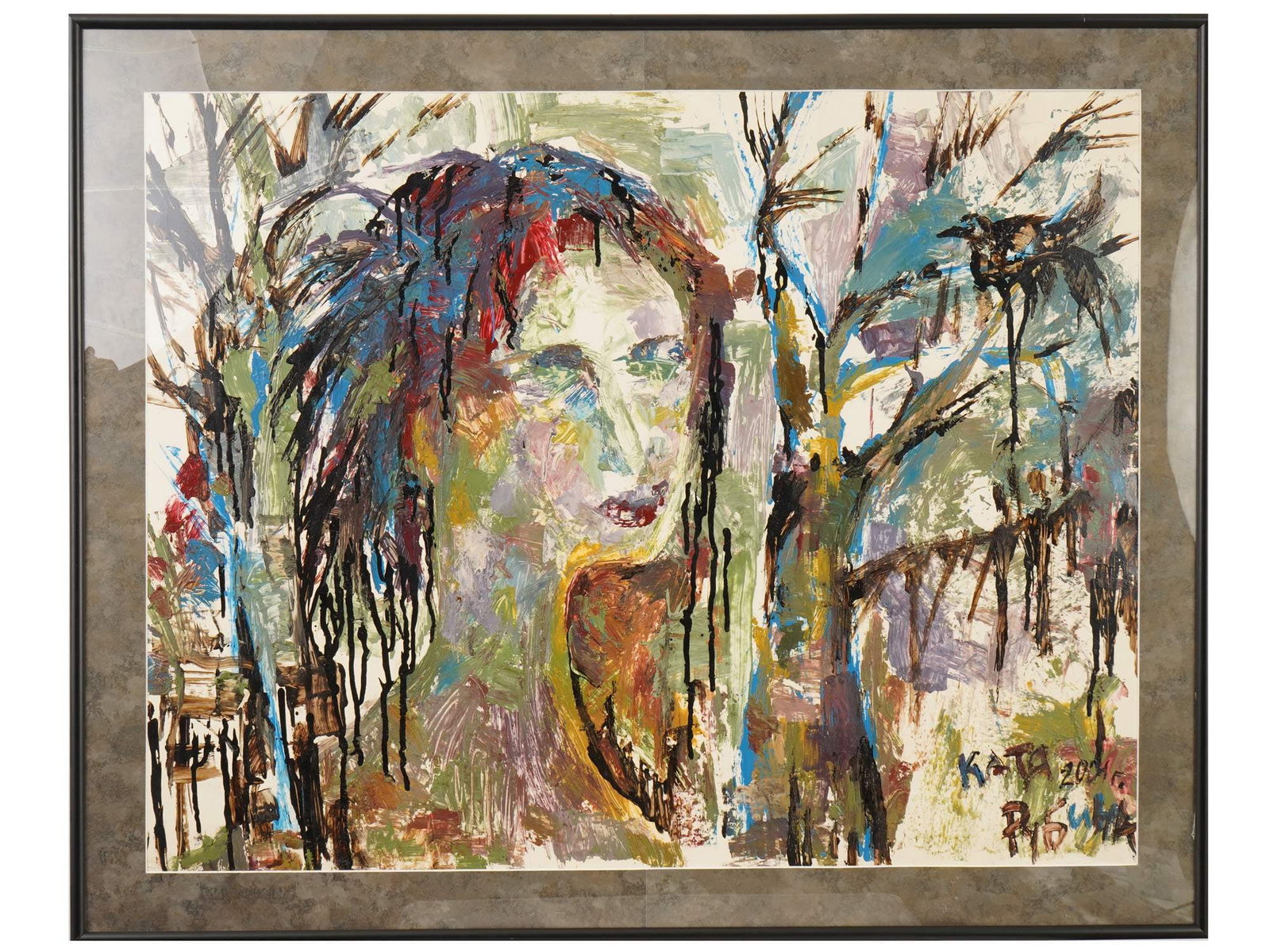 RUSSIAN OIL ON PAPER PAINTING BY KATYA RYBINA 2004: A Russian oil on paper painting, a female portrait painted in an Expressionist manner, using broad brushstrokes and drips of paint. Signed Katya Rybina and dated 2004 lower right. Additionally signed 