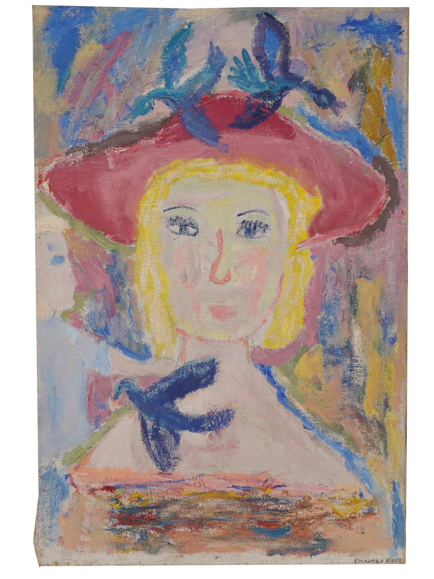RUSSIAN PORTRAIT PAINTING SIGNED KATYA EMANOVA: A Russian neo-primitivist portrait oil painting on canvas depicting a young blonde girl in a wide-brimmed pink hat accompanied by blue birds. Signed Katya Emanova. Modern Painting And Art Collectibles