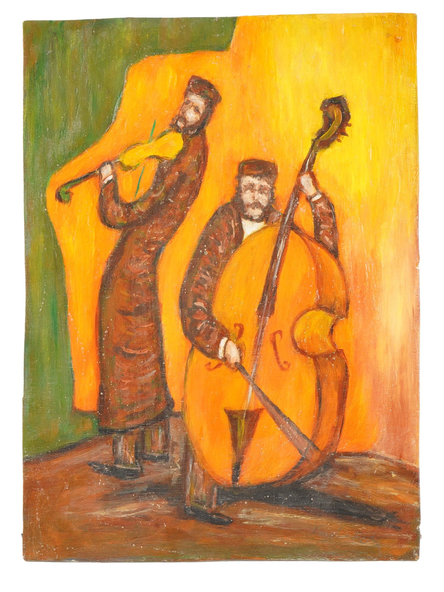 SIGNED MANE KATZ GENRE SCENE MUSICIANS OIL PAINTING: A vintage genre scene with musicians oil on board painting. Signed Mane Katz, Russian, Israeli, French, 1894 to 1962. Signed lower right. Raised in an orthodox Jewish family in Russia, Mane Katz was b