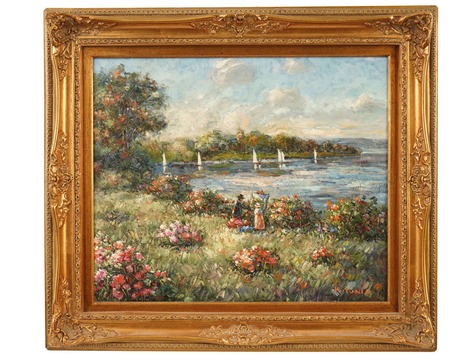 MODERN OIL PAINTING SIGNED K. YUNIA WATERSIDE LANDSCAPE: A modern oil painting on canvas depicting a tranquil waterside landscape. Executed in an impressionist style. Singed lower right K. Yunia. Framed. Modern Landscape Paintings And Art Collectibles. THIS
