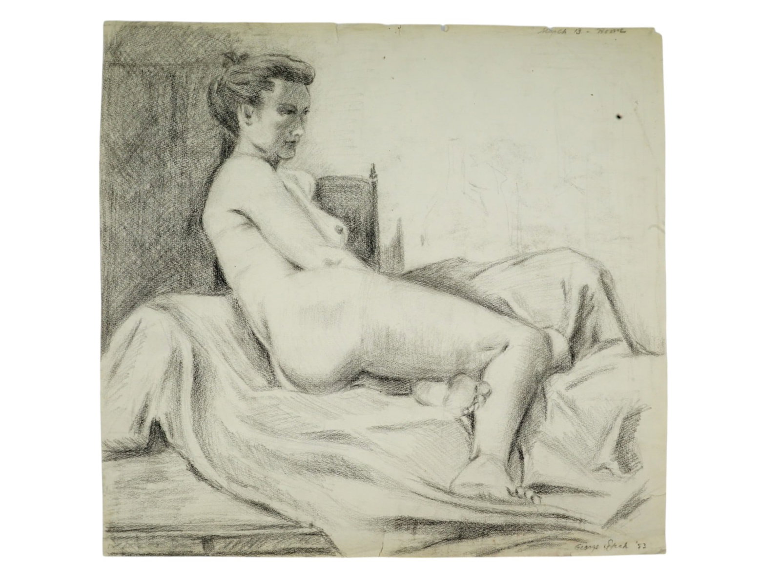 ATTR TO GEORGE SPECK NUDE PORTRAIT PENCIL PAINTING: Attributed to George Speck, a Modernist Canadian artist, a pencil painting on paper depicting a sketch portrait of a reclining nude woman. Signed and dated 53, lower right. Inscribed, upper right. A s