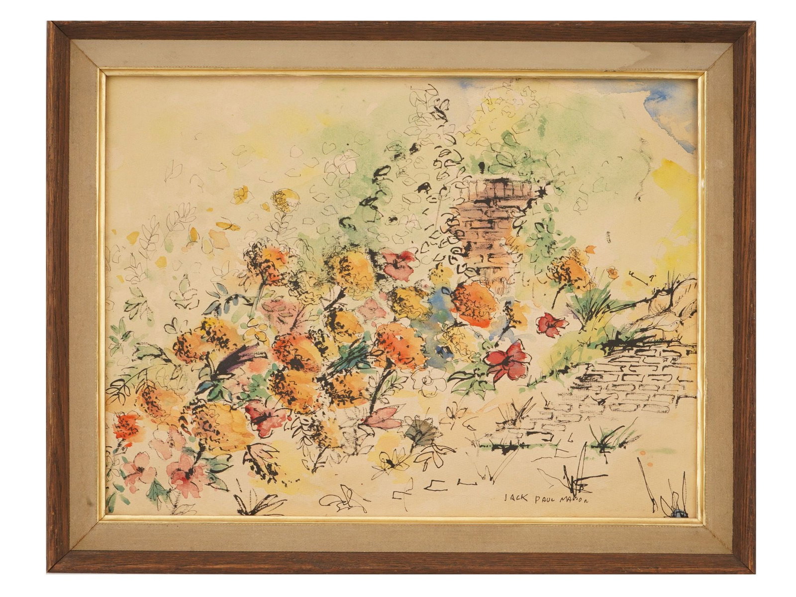 JACK PAUL MAROON AMERICAN WATERCOLOR PAINTING: Jack Paul Maroon, American, 1919 to 2008, watercolor and ink painting on paper. The artwork depicts a brick wall overgrown with flowers. Titled Flower Path. Signed lower right. Undated. Framed. Maroon