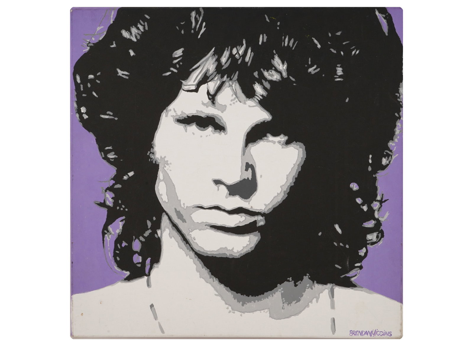 JIM MORRISON PORTRAIT PAINTING BY BRENDAN HIGGINS: Brendan Higgins, Irish, 21st century, oil painting on canvas. Pop Art-style portrait of Jim Morrison, 1943 to 1971, leader of the rock band The Doors. Signed lower right. Undated. Unframed. Collectibl