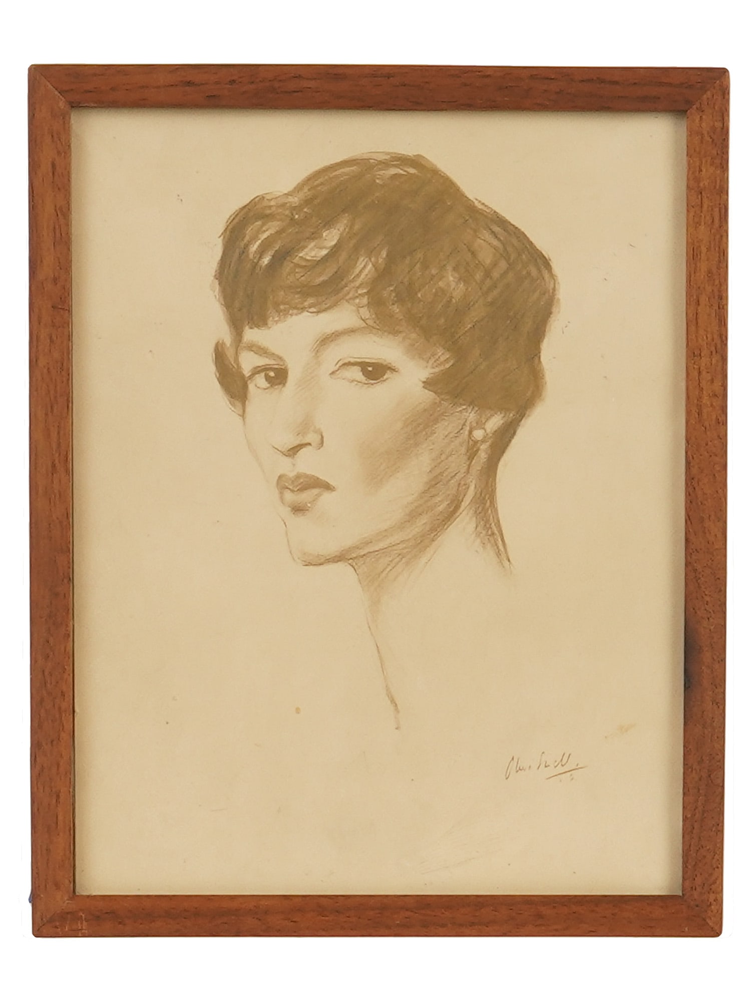 VTG ENGLISH PENCIL SKETCH PAINTING BY OLIVE SNELL: A vintage pencil sketch of a female head portrait by Olive Constance Snell, 1888 to 1962, an English artist, known for her portraiture. The artwork depicts a well-detailed female portrait with short h