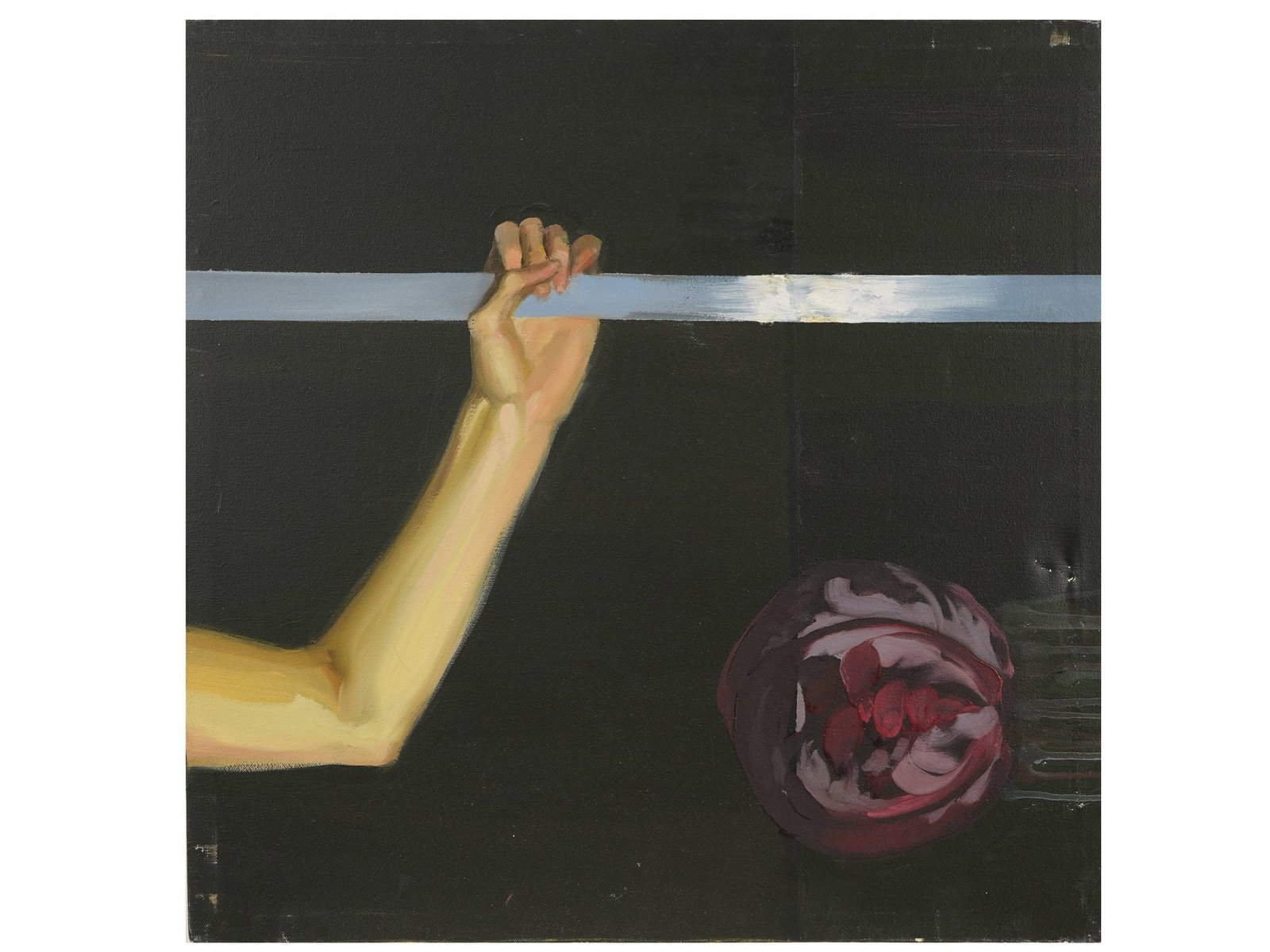 CONTEMPORARY FIGURATIVE COMPOSITION OIL PAINTING: A Contemporary oil painting on canvas depicting a Figurative composition with a human arm extending from the lower left towards a horizontal silver band and a flower. Surrealism, Minimalism, Figurativ