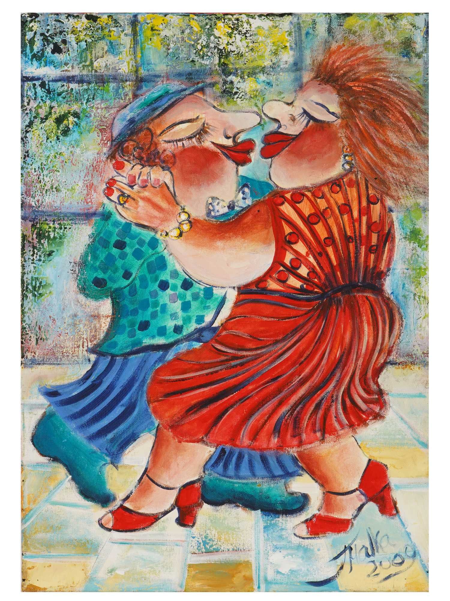CONTEMPORARY ISRAELI OIL PAINTING BY MALKA TSENTSIPER: Malka Tsentsiper, a Contemporary Lithuanian born, Israeli artist, an oil painting on canvas depicting a genre scene with a dancing couple, 2009. Signed and dated, lower right. Additionally inscribed, 