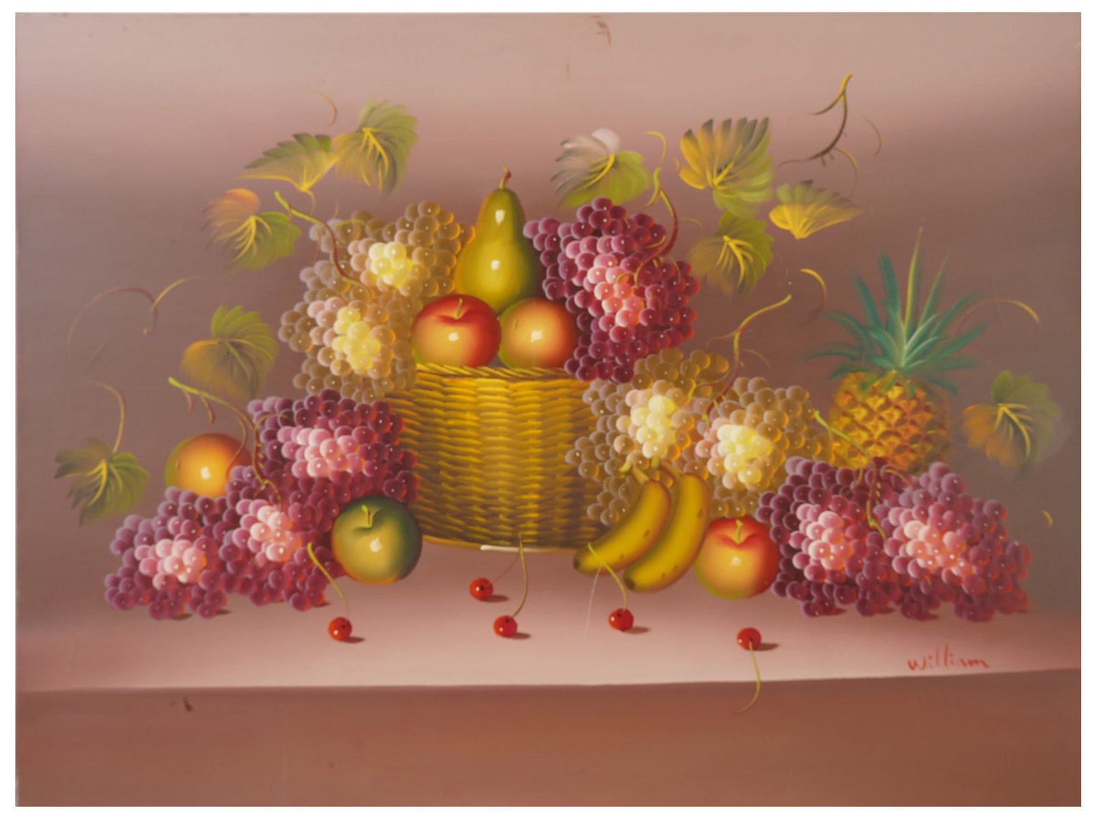 MODERN OIL STILL LIFE PAINTING SIGNED WILLIAM: A contemporary oil still life painting on canvas depicting an abundant fruit arrangement overflowing from a woven basket. The composition features grapes, apples, pears, bananas, a pineapple, and cher