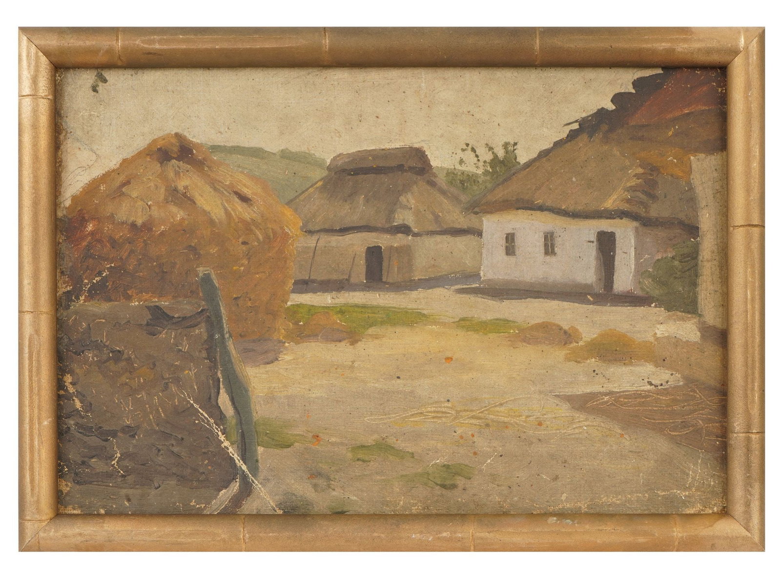 YURI PAVLOVICH UKRANIAN LANDSCAPE OIL PAINTING: Yuri Pavlovich, Ukranian, 1874 to 1947, oil painting on cardboard. The artwork depicts a village street. Unsigned. Framed. Yuri Pavlovich was a Ukranian painter, ethnographer, and researcher of Ukrain