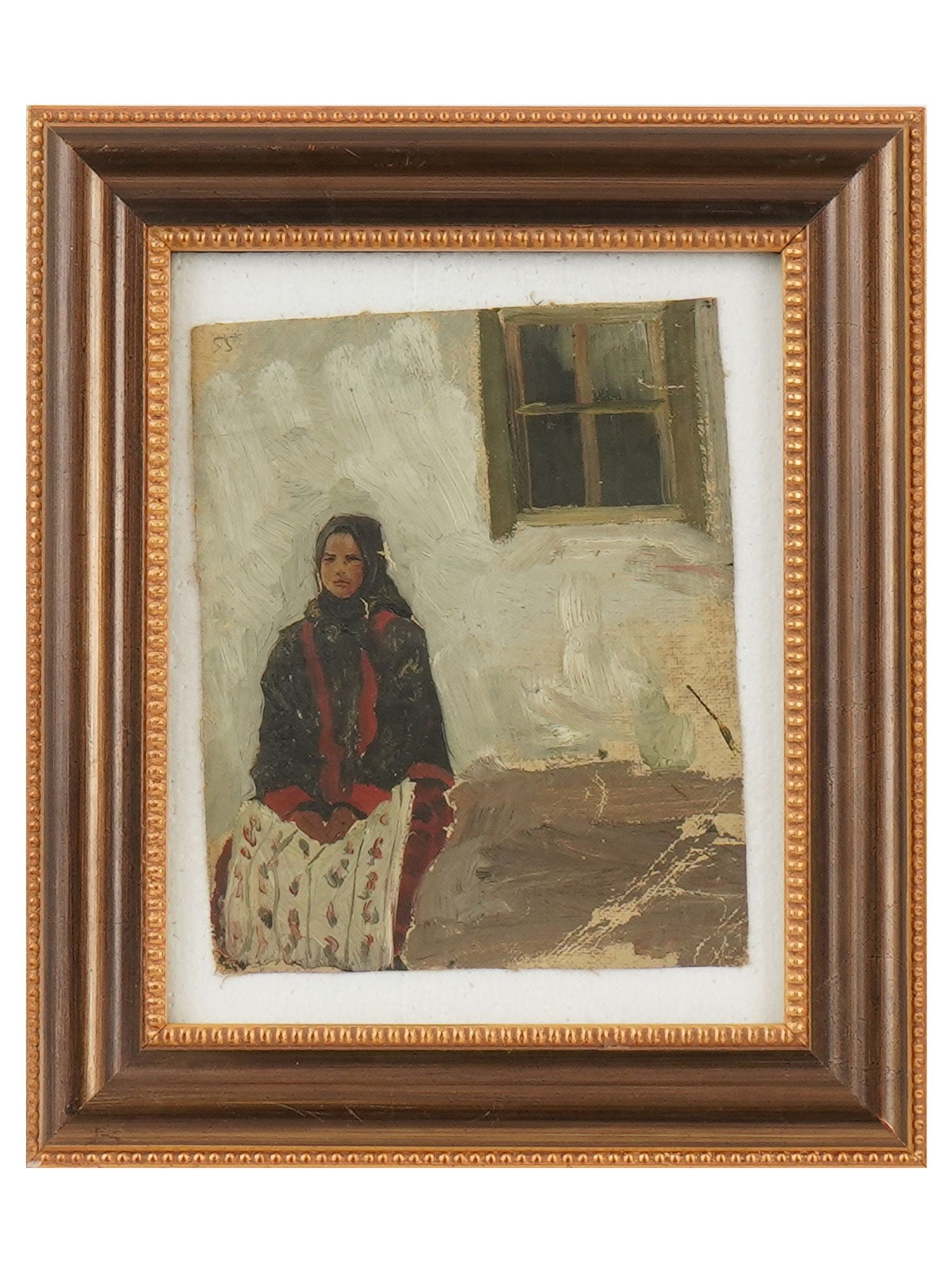 YURI PAVLOVICH UKRANIAN PORTRAIT OIL PAINTING: Yuri Pavlovich, Ukranian, 1874 to 1947, oil painting on canvas. The artwork depicts a young peasant woman against her house. Unsigned. Marked 55 upper left. Framed. Yuri Pavlovich was a Ukranian paint