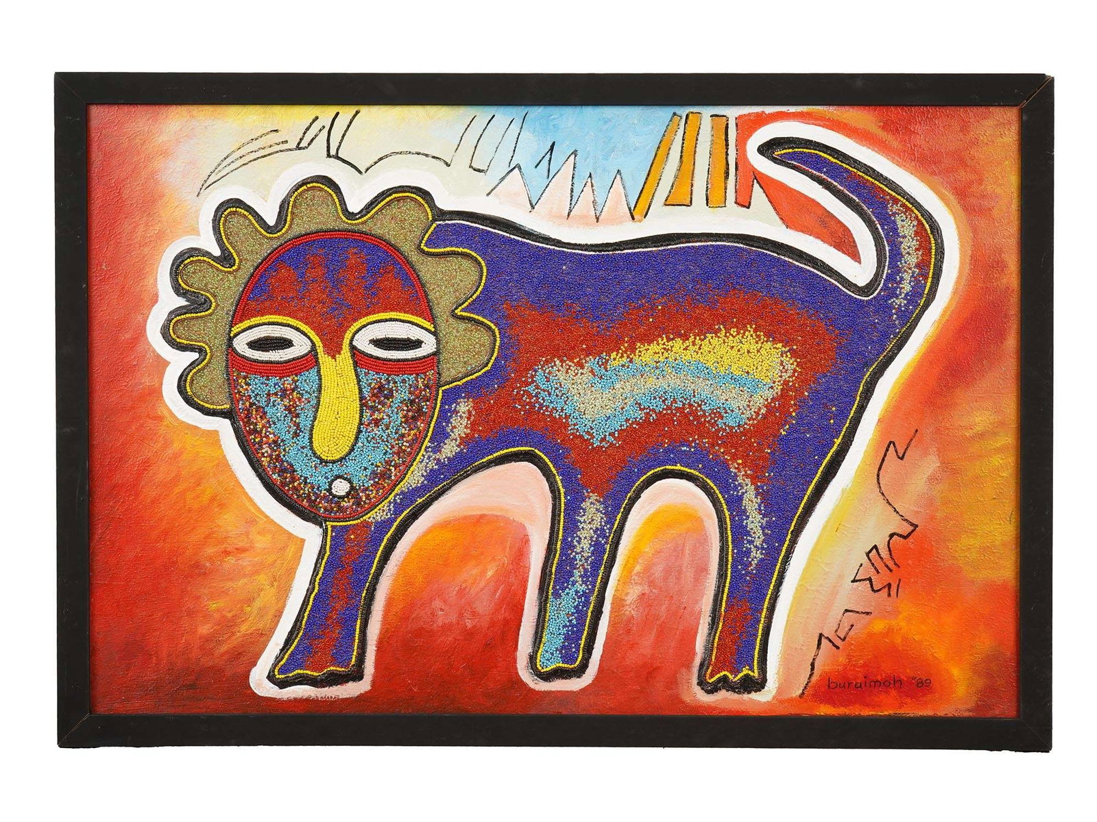 JIMOH BURAIMOH NIGERIAN PAINTING BABY LION 1989: Jimoh Buraimoh, Nigerian, born 1943, an acrylic and beads painting on board titled Baby Lion, 1989. Signed lower right. Framed. Jimoh Buraimoh is one of the most influential artists to emerge from the