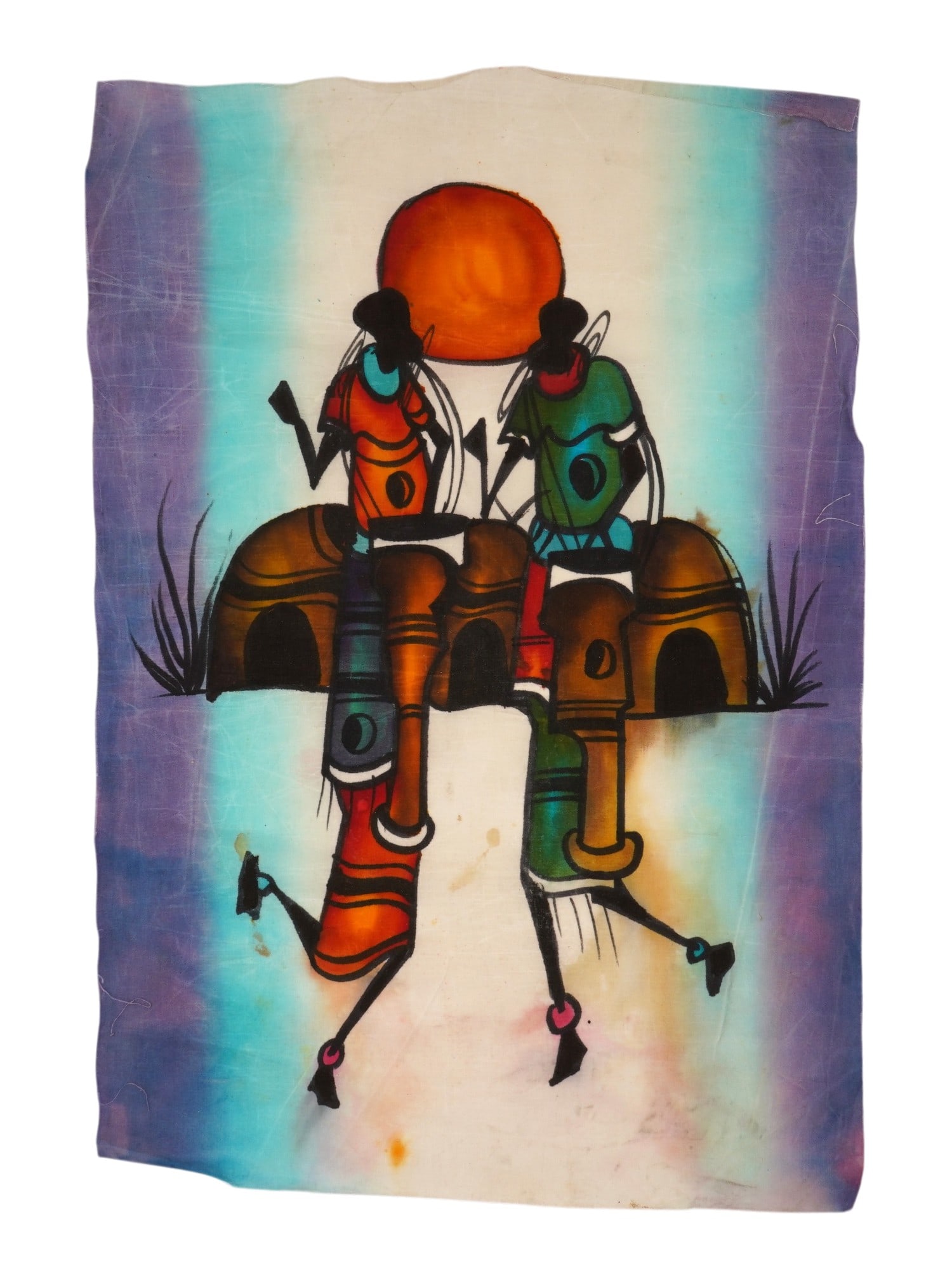 AFRICAN MAASAI TRIBE HAND PAINTED BATIK ARTWORK: A vintage African Masai tribe from Kenya hand-painted on fabric batik artwork. The batik depicts two stylized dancing Maasai figures positioned before a row of traditional manyatta dwellings under a p