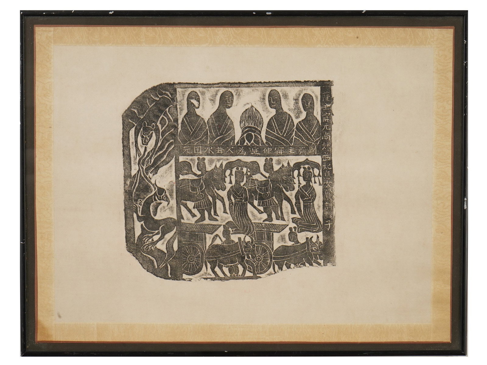 ANTIQUE CHINESE INK RUBBING FROM BUDDHIST SCULPTURE: An antique Chinese ink rubbing on paper taken from the carved base of a Buddhist limestone sculpture dating to the Northern Wei Dynasty. The composition features multiple narrative registers depicting