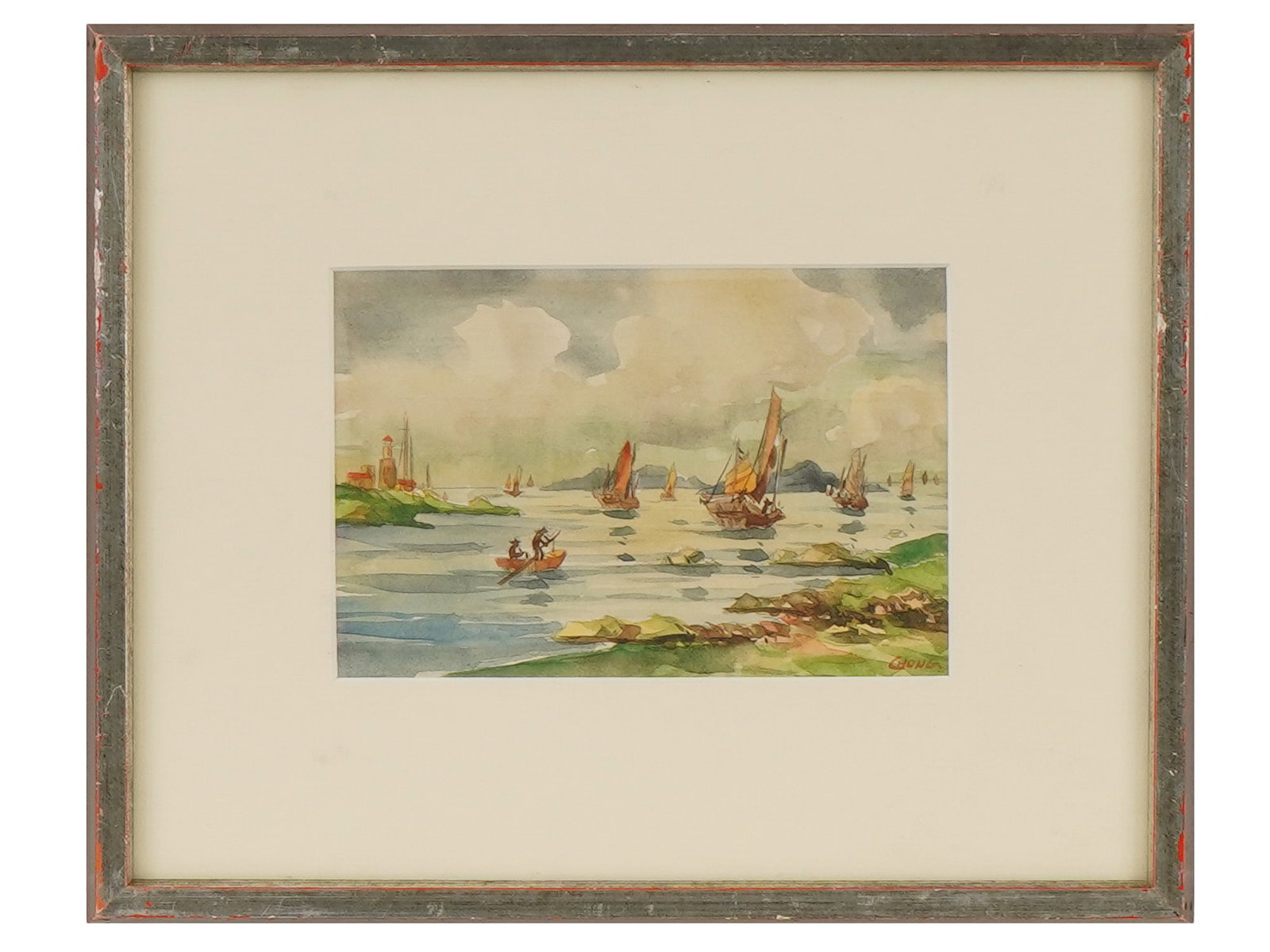 CHINESE SEA WATERCOLOR PAINTING ON SILK BY CHONG: A Chinese watercolor painting on silk depicting an Old Hong Kong sea view. Signed by the artist, Chong, lower right. Additionally inscribed and probably dated 45, on the backside. Framed. Asian and Or