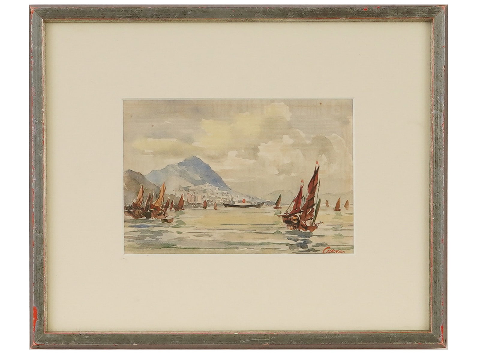 SIGNED CHONG WATERCOLOR ON SILK SEAVIEW PAINTING: A vintage watercolor on silk painting titled Old Hong Kong Seaview. Circa early to mid 20th century. Signed Chong lower right. The painting depicts a harbor with traditional Chinese junks against a ba