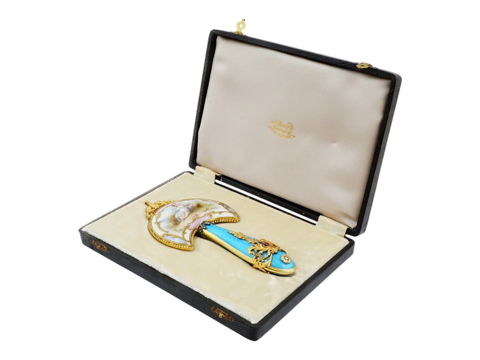 RUSSIAN GILT SILVER ENAMEL HANDLED MIRROR WITH PORCELAIN (1 of 11)
