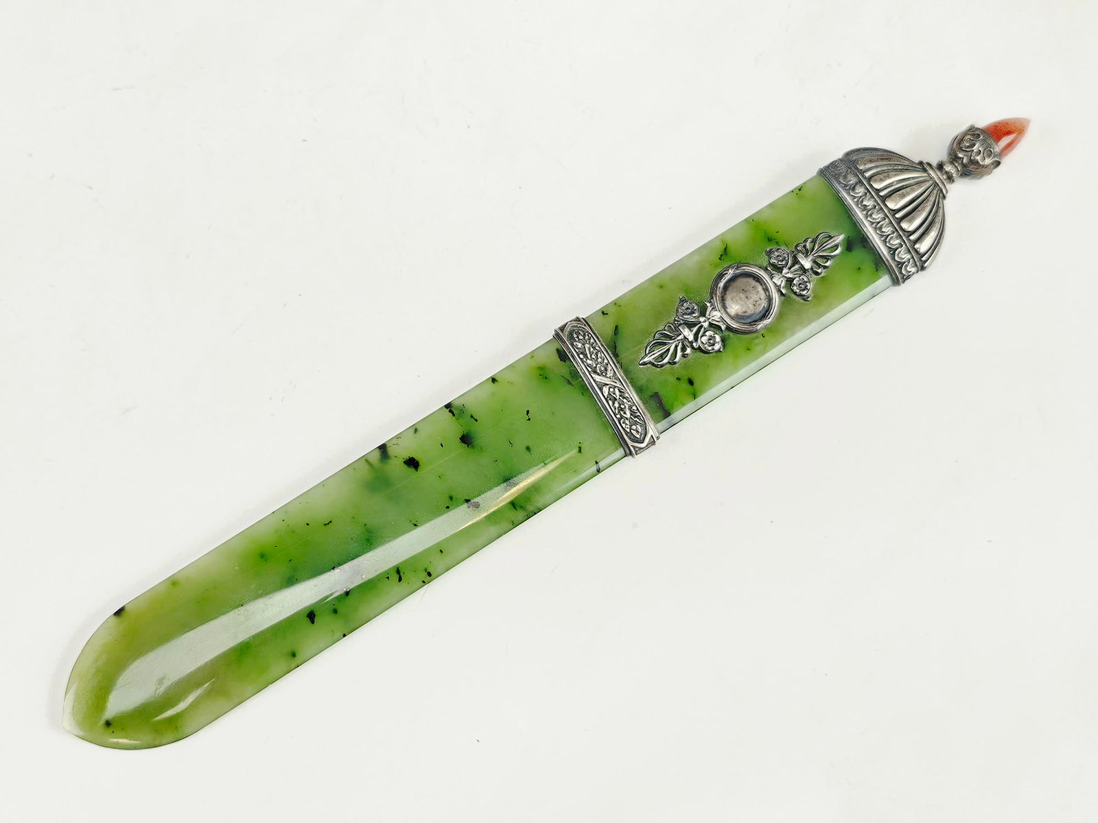 RUSSIAN SILVER NEPHRITE JADE PAPER KNIFE W CARNELIAN (1 of 6)