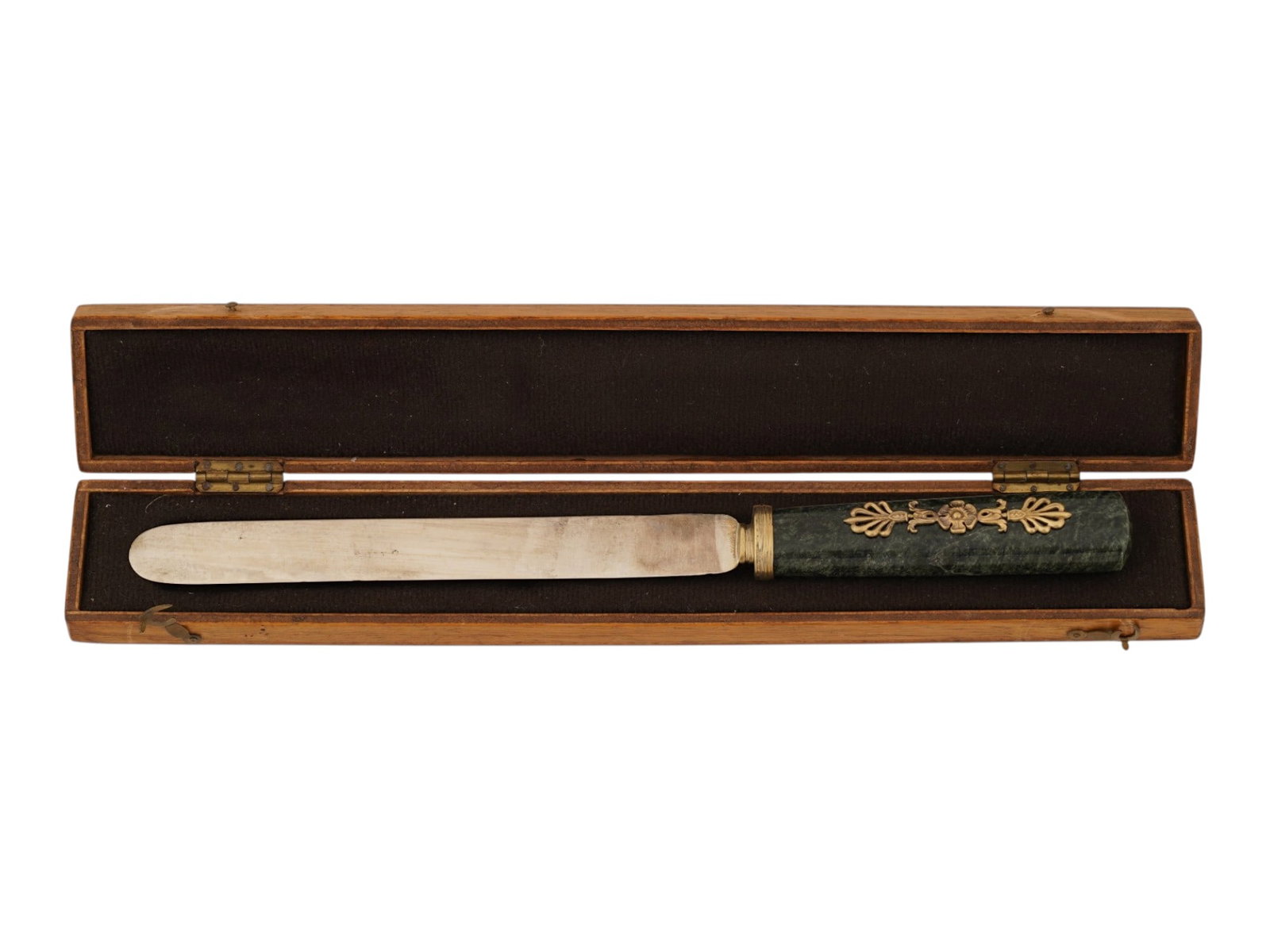 RUSSIAN SILVER AND GREEN MARBLE LETTER OPENER: A Russian Neoclassical gilt silver paper knife or letter opener. Green marble handle with gilt overlay ornamentation. Hallmark of 84 silver standard and makers marks are on the blade. Total Weight: 64