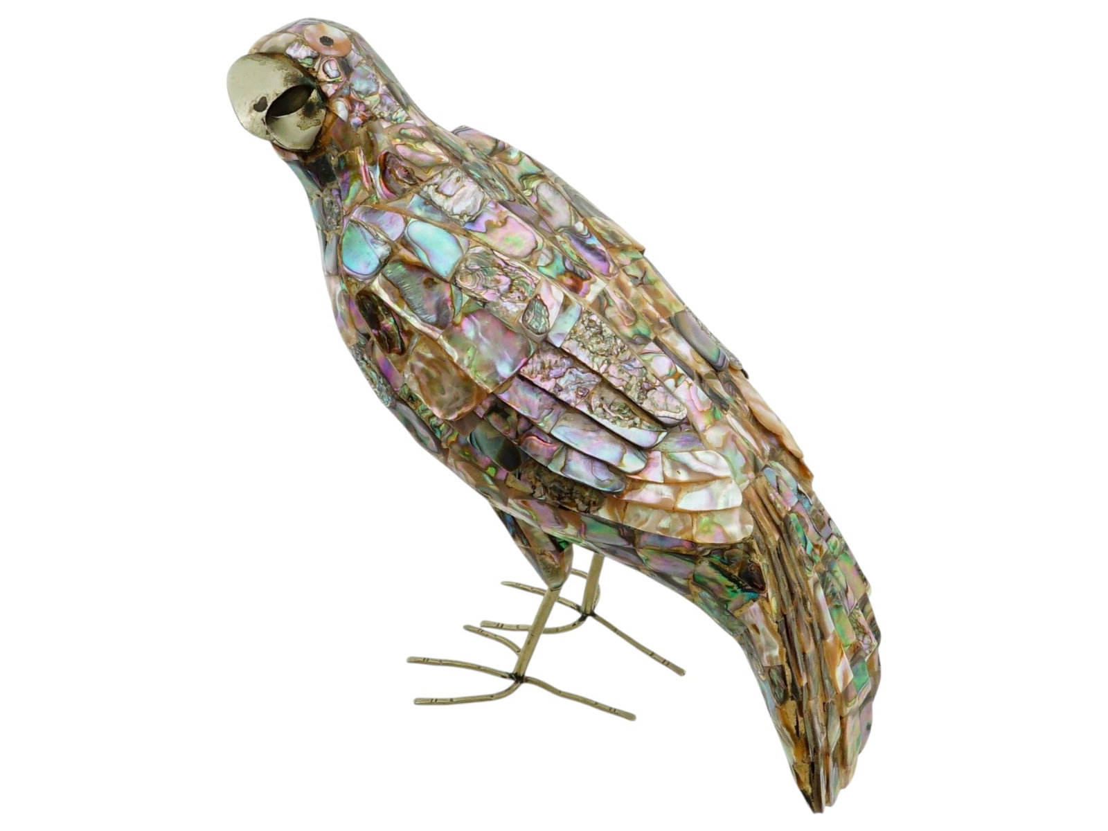 VINTAGE MODERNIST BIRD FIGURINE OF ABALONE SHELL MOSAIC: A vintage modernist bird figurine adorned with an intricate abalone shell mosaic. The iridescent shell inlay displays tones of green, blue, and purple, complemented by slender brass legs and a