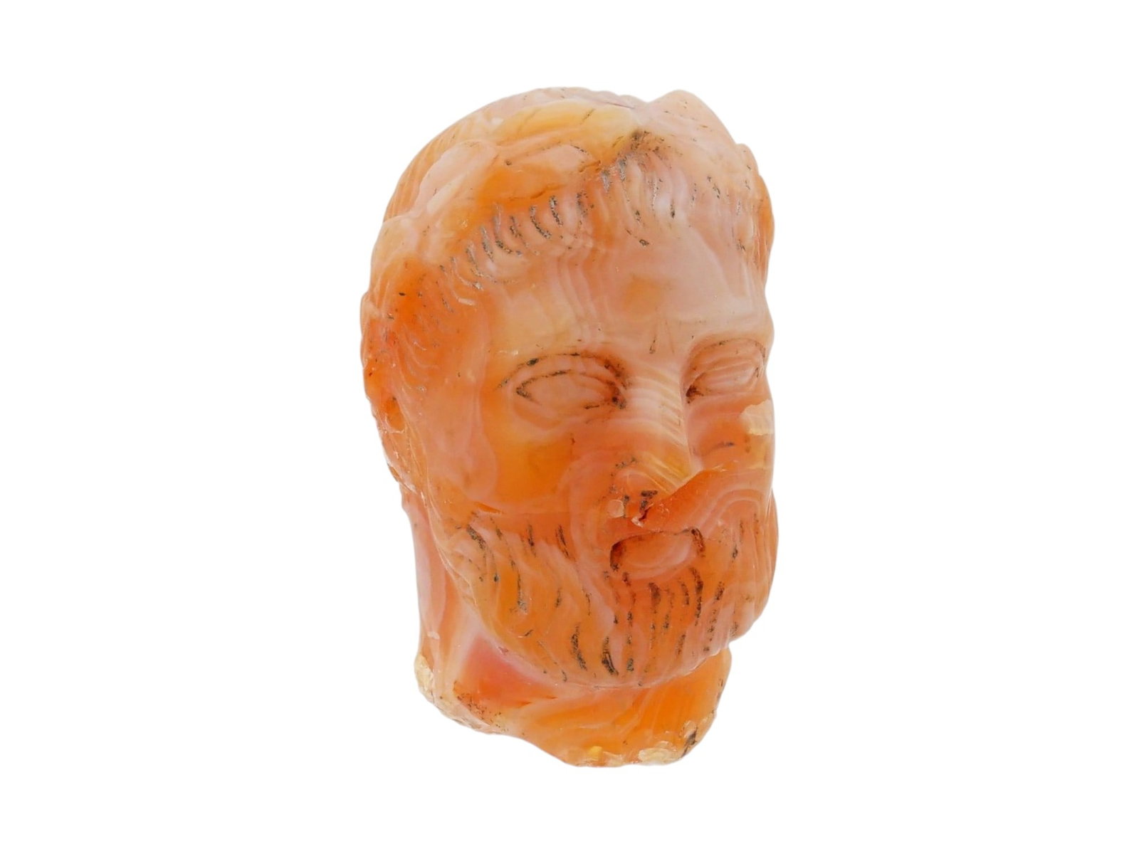 ITALIAN CARVED AGATE GLYPTIC HEAD RENAISSANCE REVIVAL: An Italian carved agate glyptic head in the Ancient Roman or Renaissance revival tradition, depicting a bearded figure believed to represent a mythological hero, deity, or imperial portrait. Carved