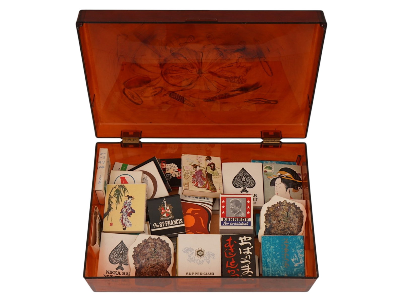 LARGE COLLECTION OF VINTAGE MATCHBOXES IN A BOX: A large collection of vintage matchboxes in a box. This lot contains matchboxes from hotels, airlines, and other establishments, primarily Asian, including Japanese. Also included are several matchbox