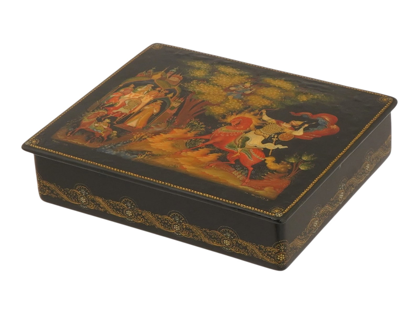 RUSSIAN PALEKH LACQUER COVERED BOX W FAIRY TALE SCENE: A Russian lacquer box finished in the traditional Palekh style, featuring a detailed miniature painting on the lid. The lid depicts a vibrant narrative scene from a traditional Russian fairy tale,