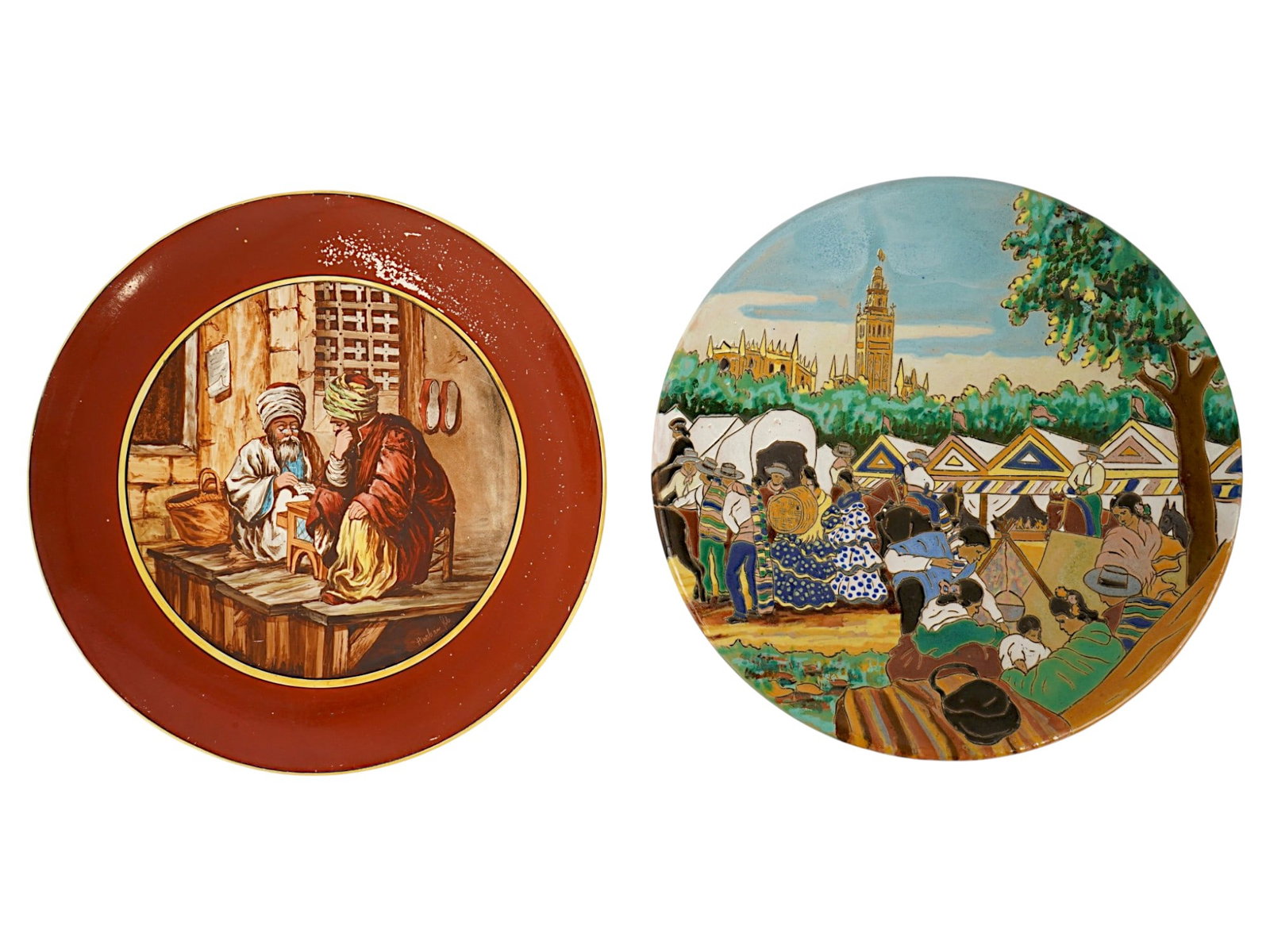TWO LARGE PAINTED CERAMIC CABINET PLATES (1 of 6)