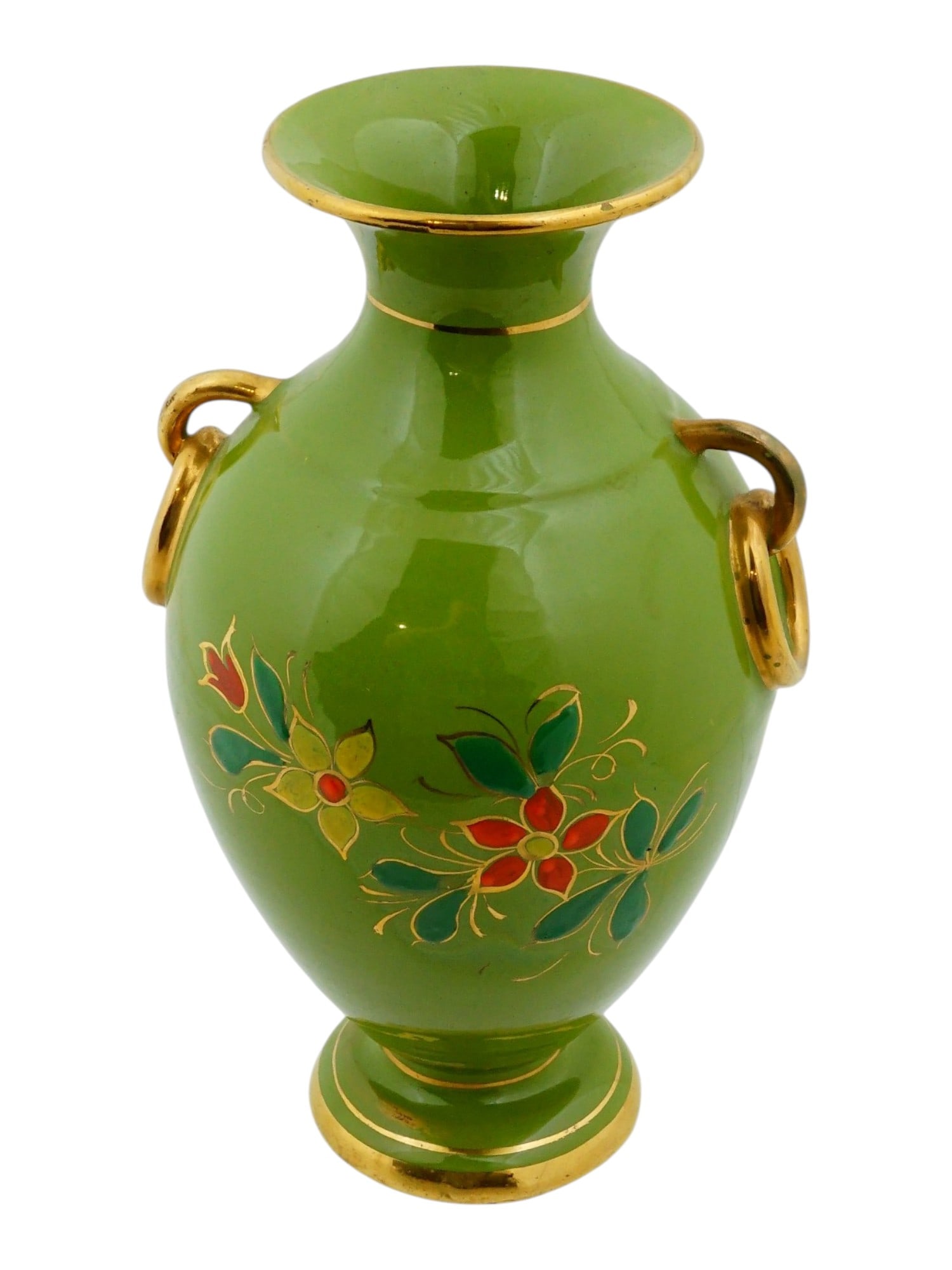 VINTAGE ITALIAN GILDED AND GREEN GLAZED CERAMIC VASE: A vintage Italian ceramic vase. Dated ca. 1950s to 1960s. Classic baluster shape with ring side handles. Bright green glaze, gilded accents and hand-painted floral decoration on both sides. Signed Ita