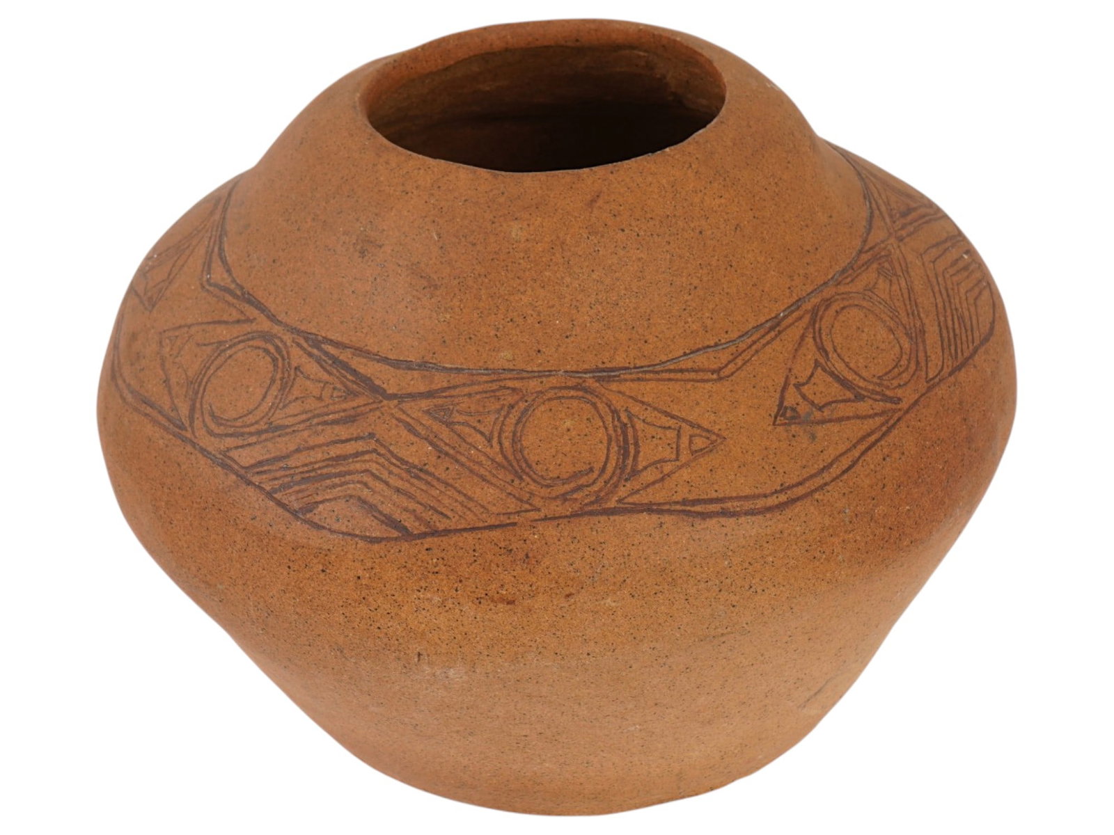 ETHNIC STYLE ENGRAVED CERAMIC POTTERY VESSEL SIGNED: An Ethnic style terracotta pottery vessel featuring a compressed globular form with a tapered shoulder leading to a wide, circular opening. The exterior is decorated with a horizontal band of hand inc