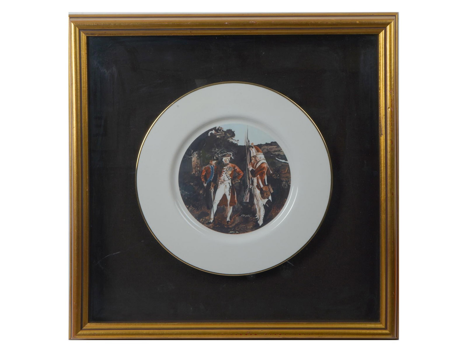 LTD BICENTENNIAL PLATE W SCENE BY ANDREW WYETH FRAMED: A limited edition Bicentennial plate of The Brandywine Valley Association. General Knyphausen at Brandywine by Andrew Wyeth. The Battle of the Brandywine took place September 11, 1777. The Hessian sol