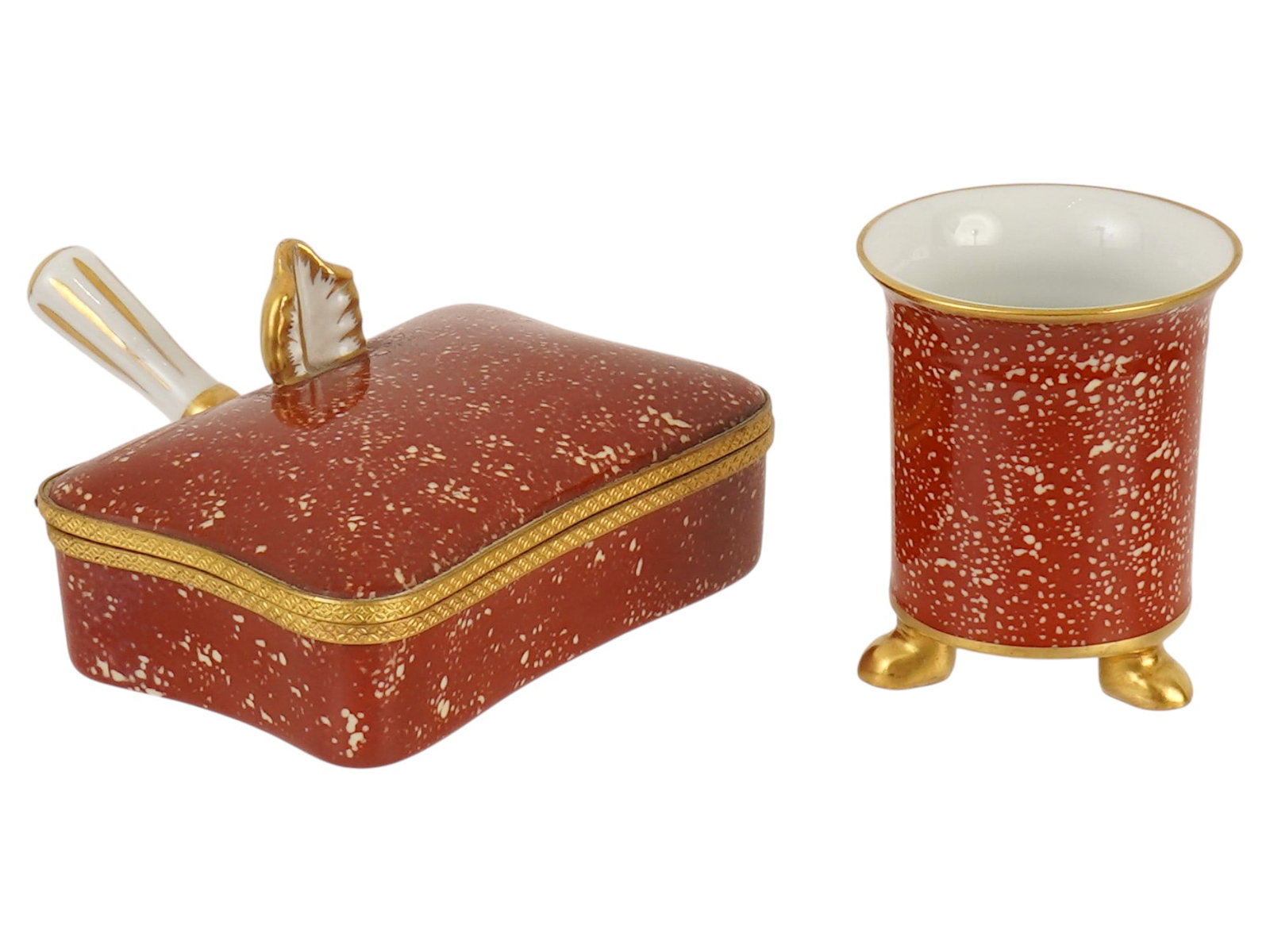 ANTIQUE FRENCH TALLEC OF PARIS PORCELAIN WRITING SET: An antique French porcelain desk writing set attributed to Atelier Le Tallec of Paris, celebrated for its luxurious hand-decorated porcelain artistry. The set features a hand-painted burnt-orange cora