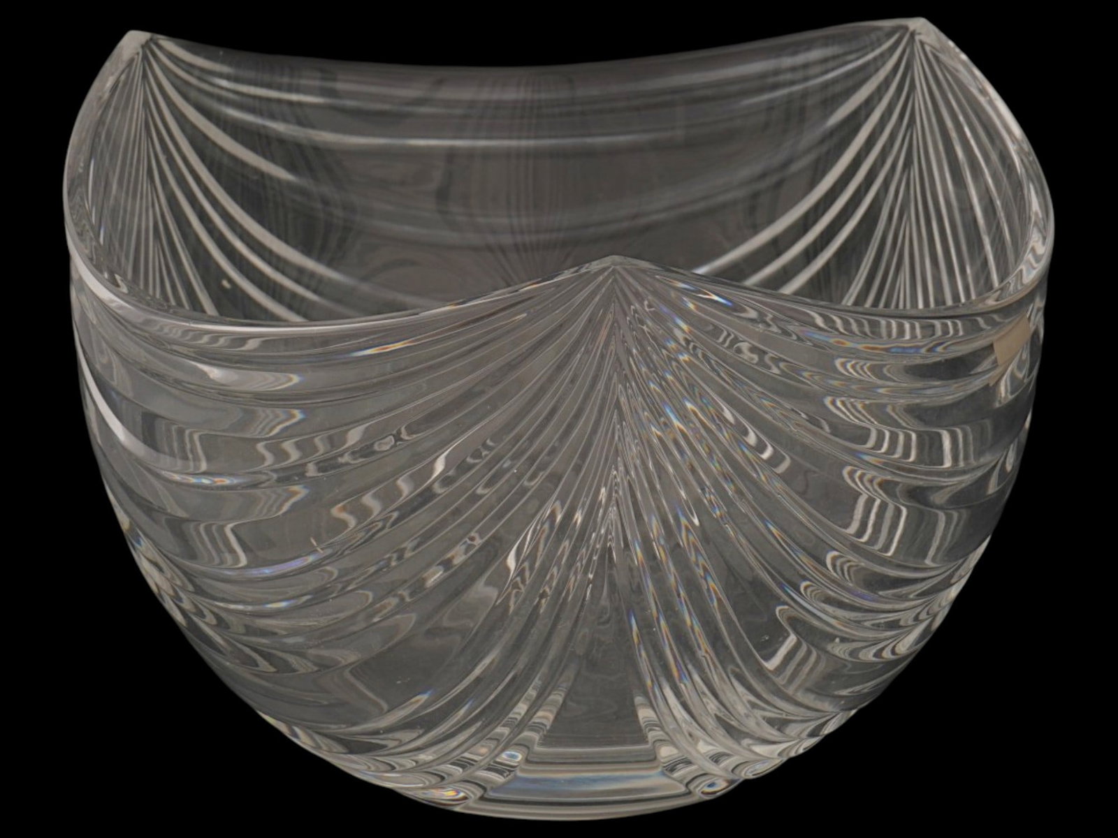 VINTAGE MIKASA YUGOSLAVIA LEAD CRYSTAL FRUIT BOWL: A vintage clear lead crystal fruit bowl by Mikasa. Art Deco style triangular shape, relief drape-like design. Perfect for displaying fruits or as a standalone centerpiece. Label Mikasa Yugoslavia is p