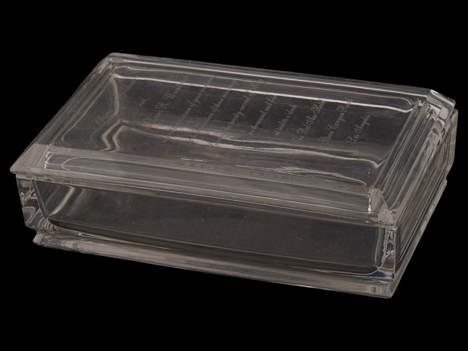 PERSONALIZED WEDDING FAVOR GLASS BOX BY TIFFANY CO: A personalized wedding favor, glass box by Tiffany and Co. The box represents a wedding invitation for Gloria F. Goldwater and Dr. Lewis R. Weintraub. The event took place on Sunday, May 22, 2005, at 