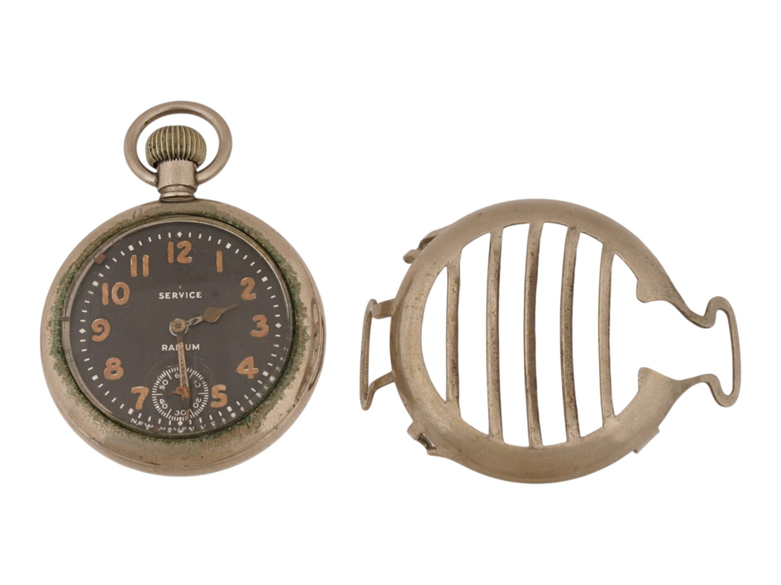 WWI ERA SERVICE POCKET WATCH WITH SHRAPNEL GUARD: A WWI era American pocket watch with shrapnel guard. Open face type. Radium dial, Arabic numerals, features a sub-dial. Marked Service, New Haven. Collectible Clocks and Watches, First World War Histo