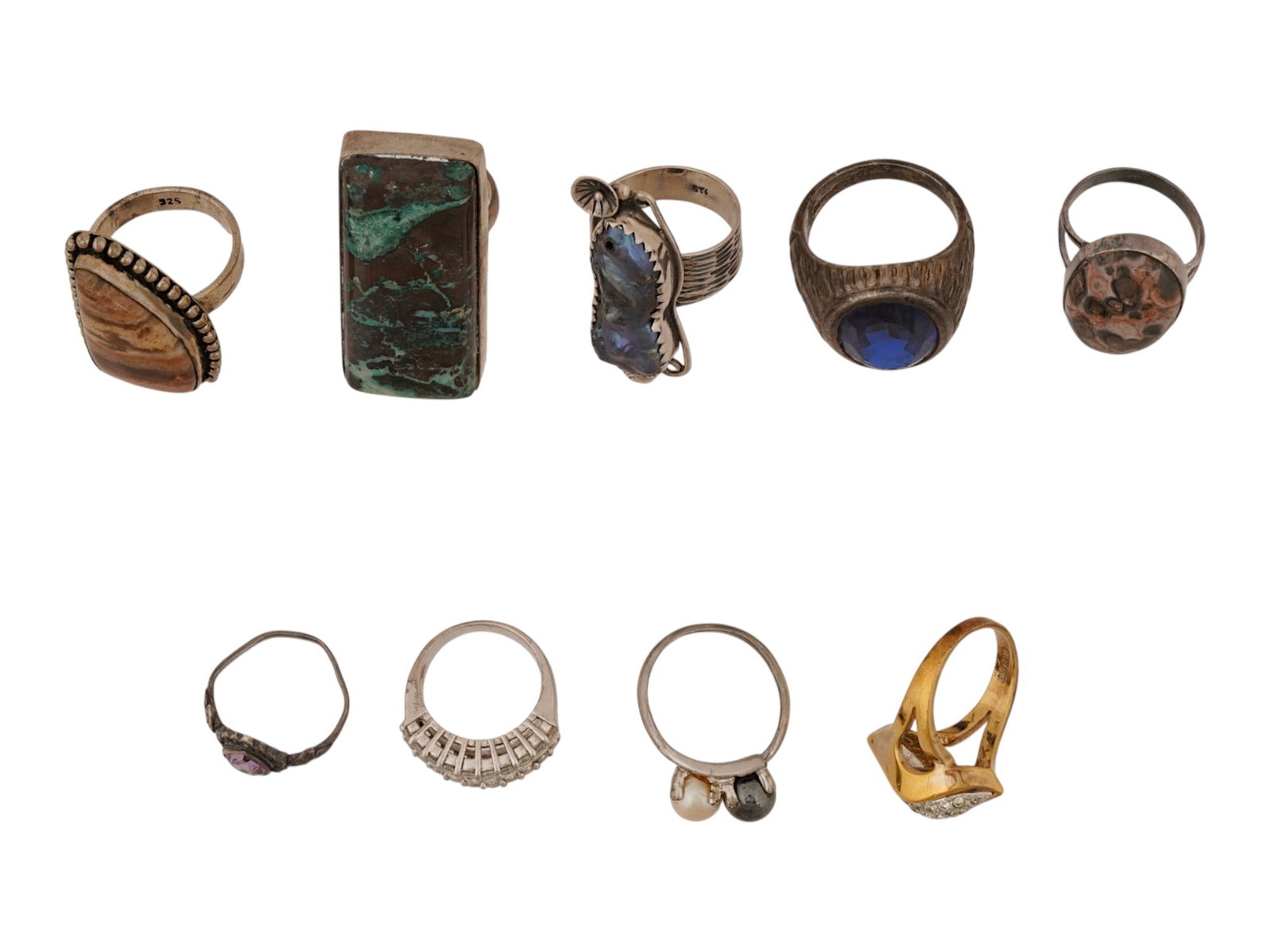 VINTAGE JEWELED STERLING SILVER STATEMENT RINGS: A lot of 9 vintage sterling silver statement rings of various design. The pieces are set with crystals, gemstones, pearls. Marked 925 on the inside. Total Weight: 60 g. Sterling Silver, Statement Jewe