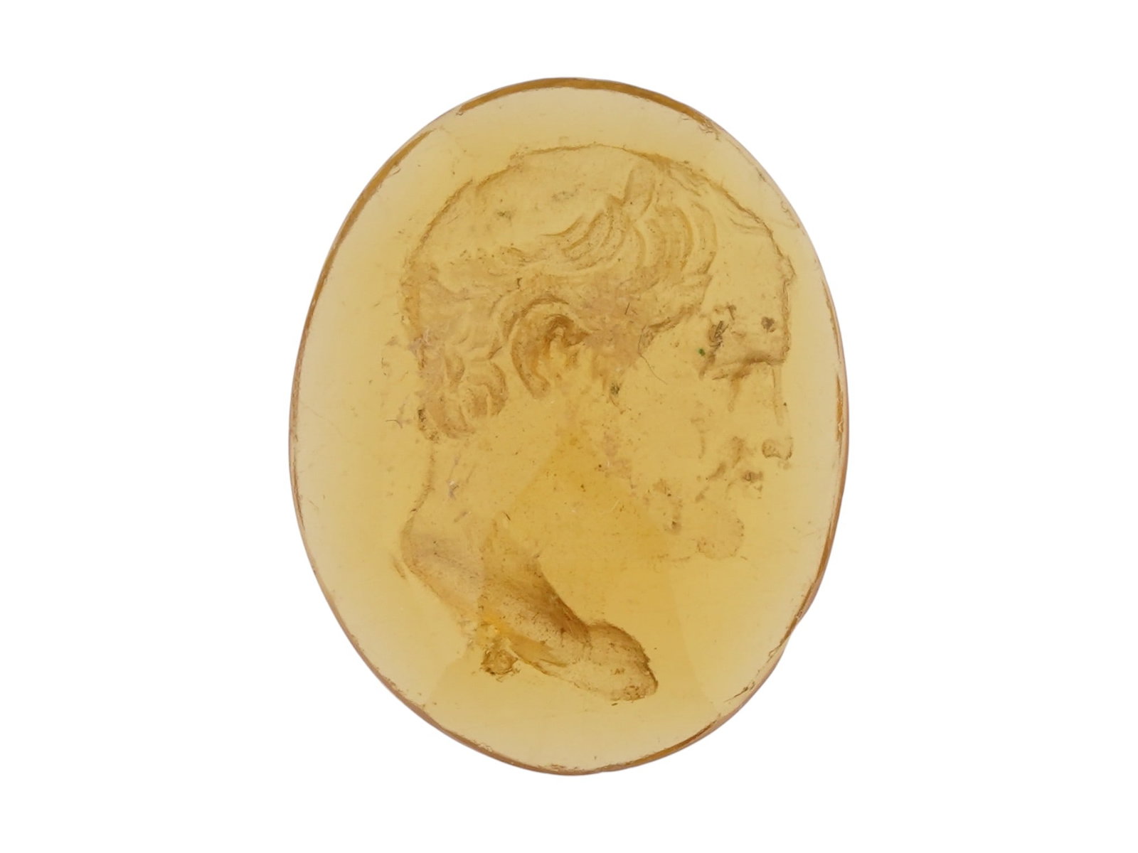 ANTIQUE CARVED INTAGLIO BEARDED MAN WITH CURLY HAIR: An antique carved intaglio featuring a bearded man with short, curly hair in a classical style associated with philosophers, rulers, or idealized figures from Greco-Roman antiquity. THIS LOT IS ELIGIB