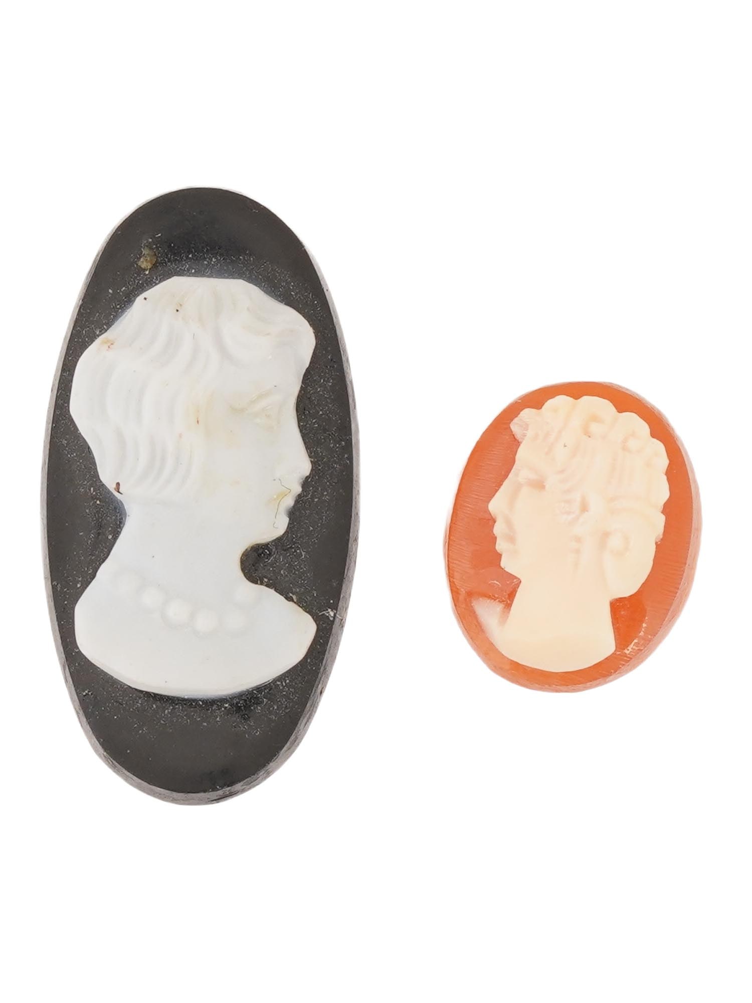 ANTIQUE VINTAGE CARVED CAMEOS FEMALE PORTRAITS: Two antique or vintage carved cameos depicting female portraits. The left cameo appears to be crafted from hardstone, featuring bold black-and-white layers, while the right cameo is a traditional shel
